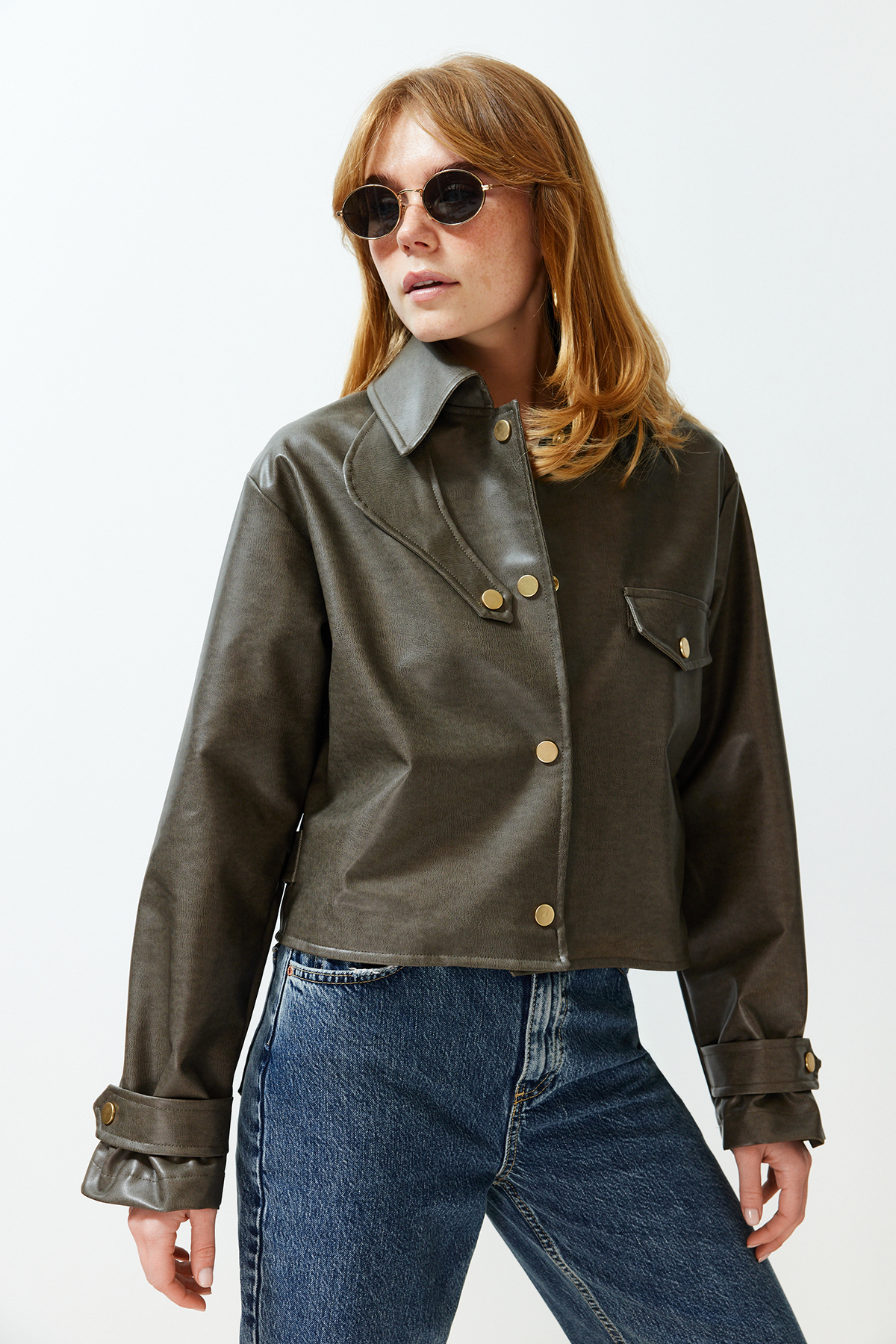 Levně Trendyol Dark Mink Oversize Collar Detailed Faux Leather Thin Jacket Coat