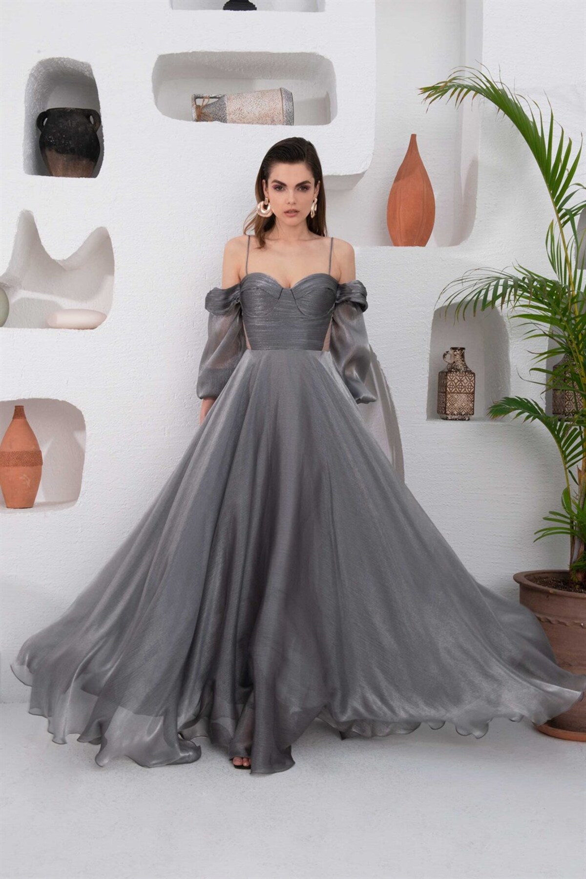 Levně Carmen Anthracite Organza Low Sleeve Engagement Evening Dress