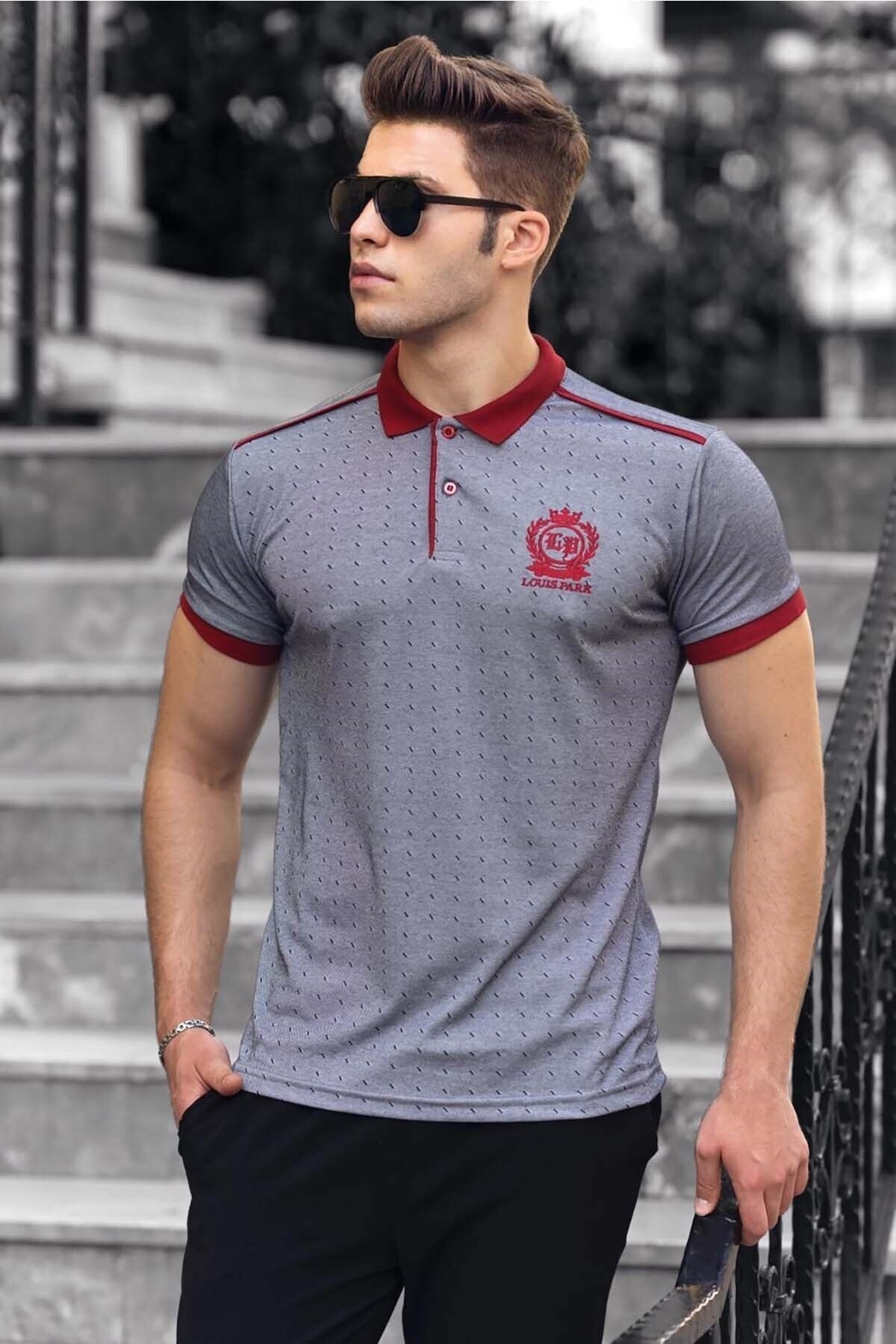 Madmext Gray Shoulder Striped Polo Neck Men's T-Shirt 9306