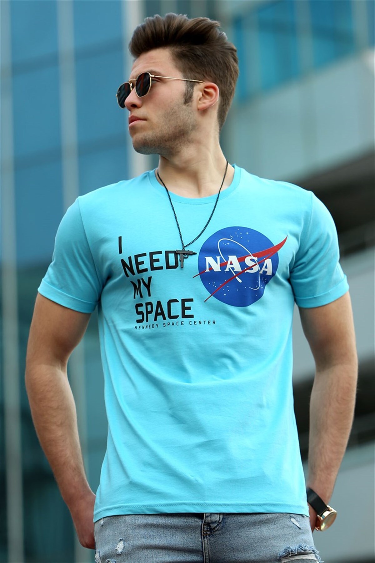 Levně Madmext Men's Turquoise Printed T-Shirt 4509