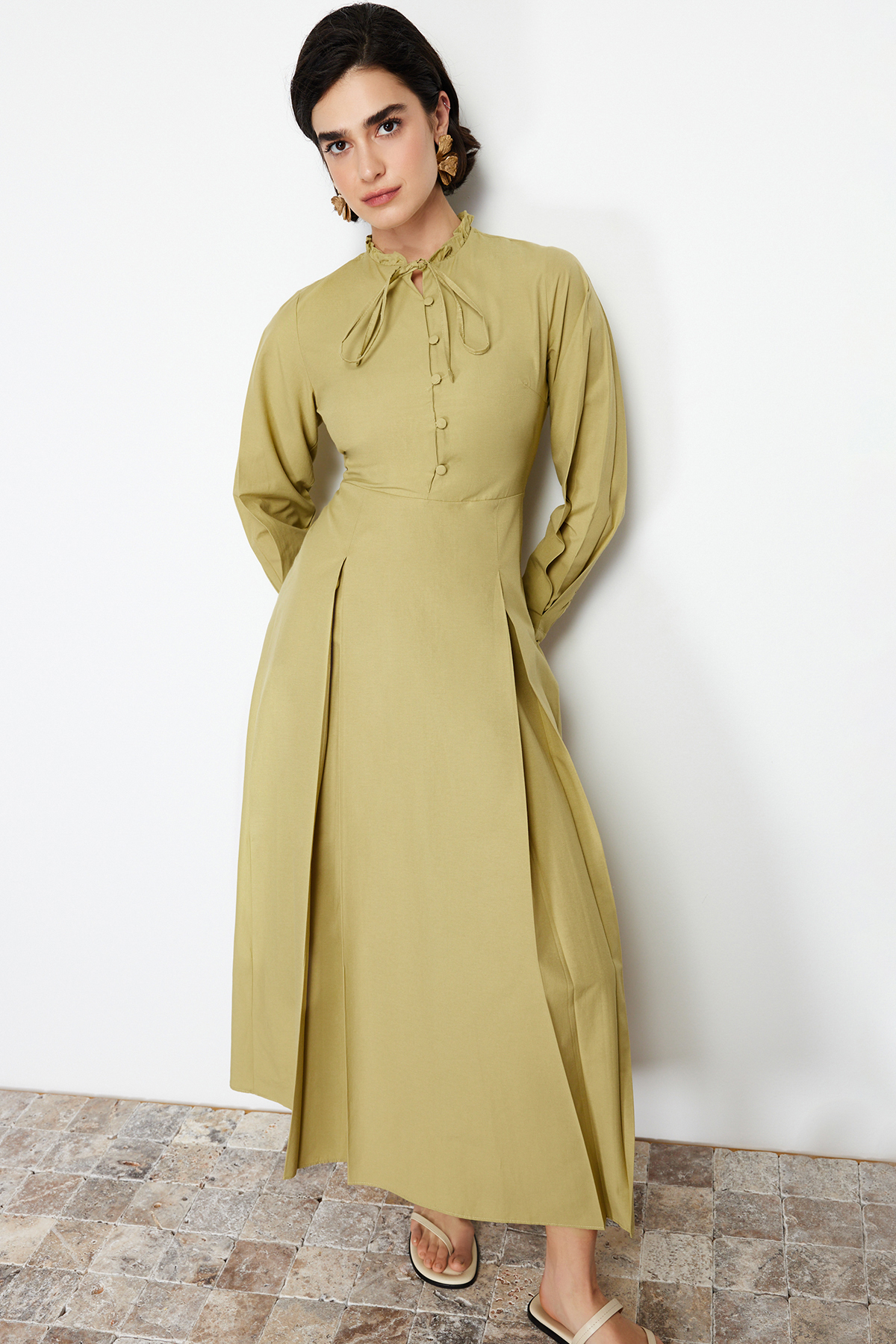 Trendyol Khaki Collar Tie Detailed Buttoned Woven Dress