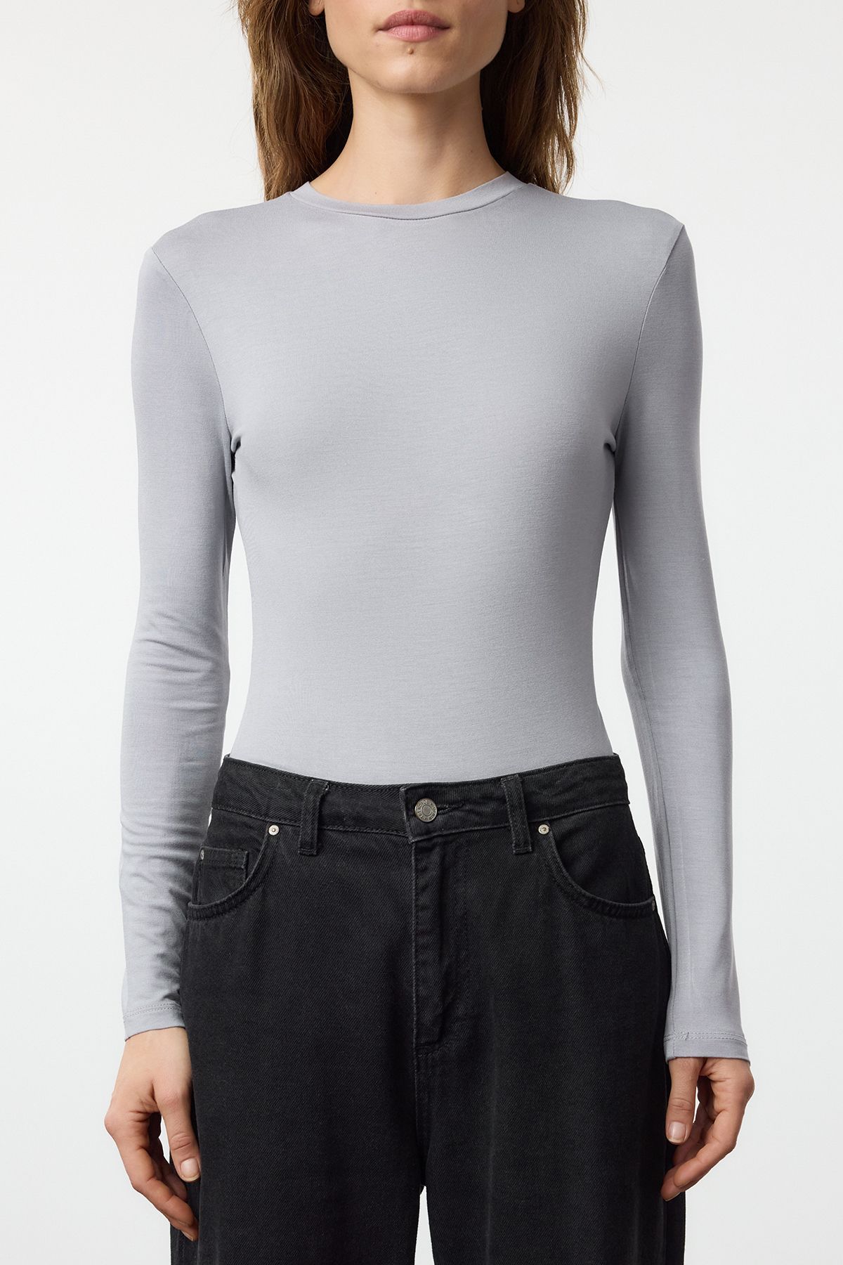 Trendyol Gray Crew Neck Slim/Fitting Knitted Bodysuit
