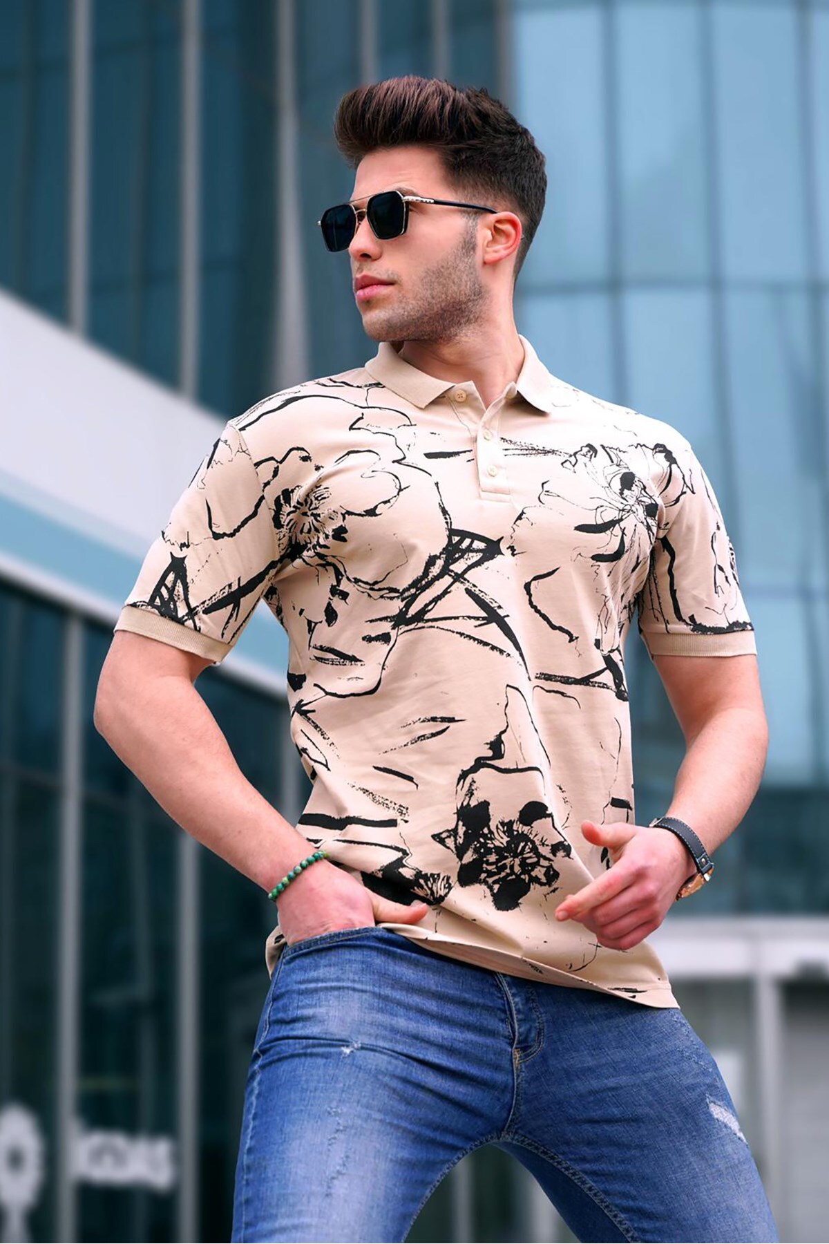 Levně Madmext Beige Patterned Polo Neck Men's T-Shirt