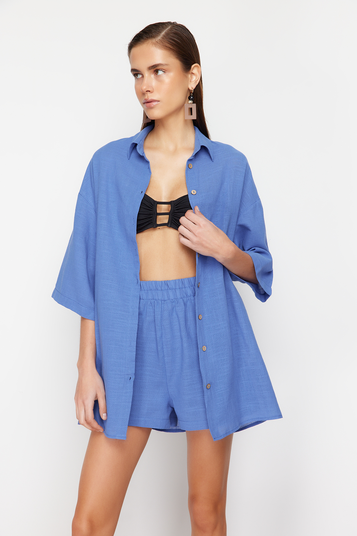 Trendyol Blue Woven Linen blend Shirt Shorts Set