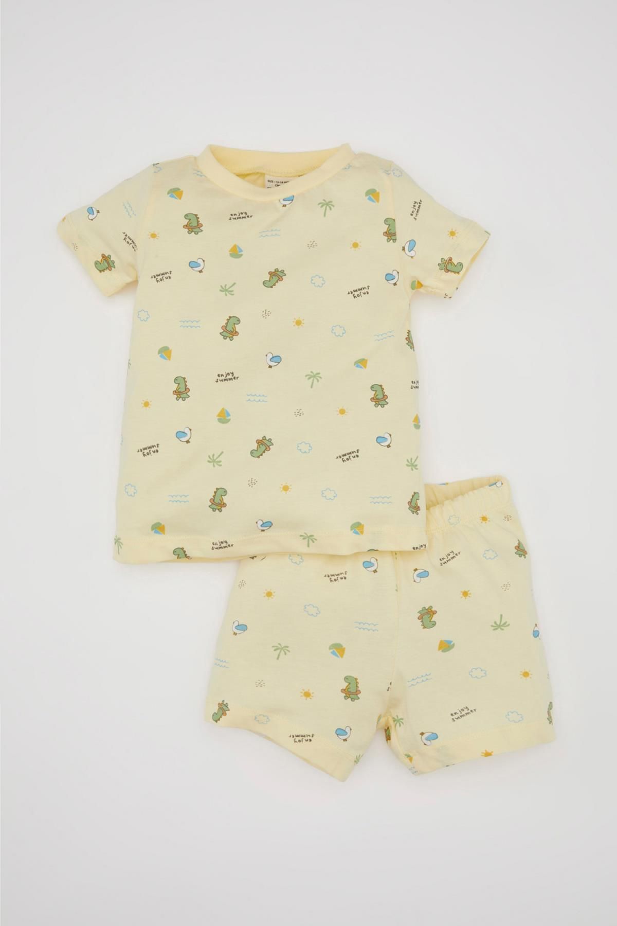 DEFACTO Baby Boy Dinosaur Printed Short Sleeve Combed Cotton Pajama Set with Shorts