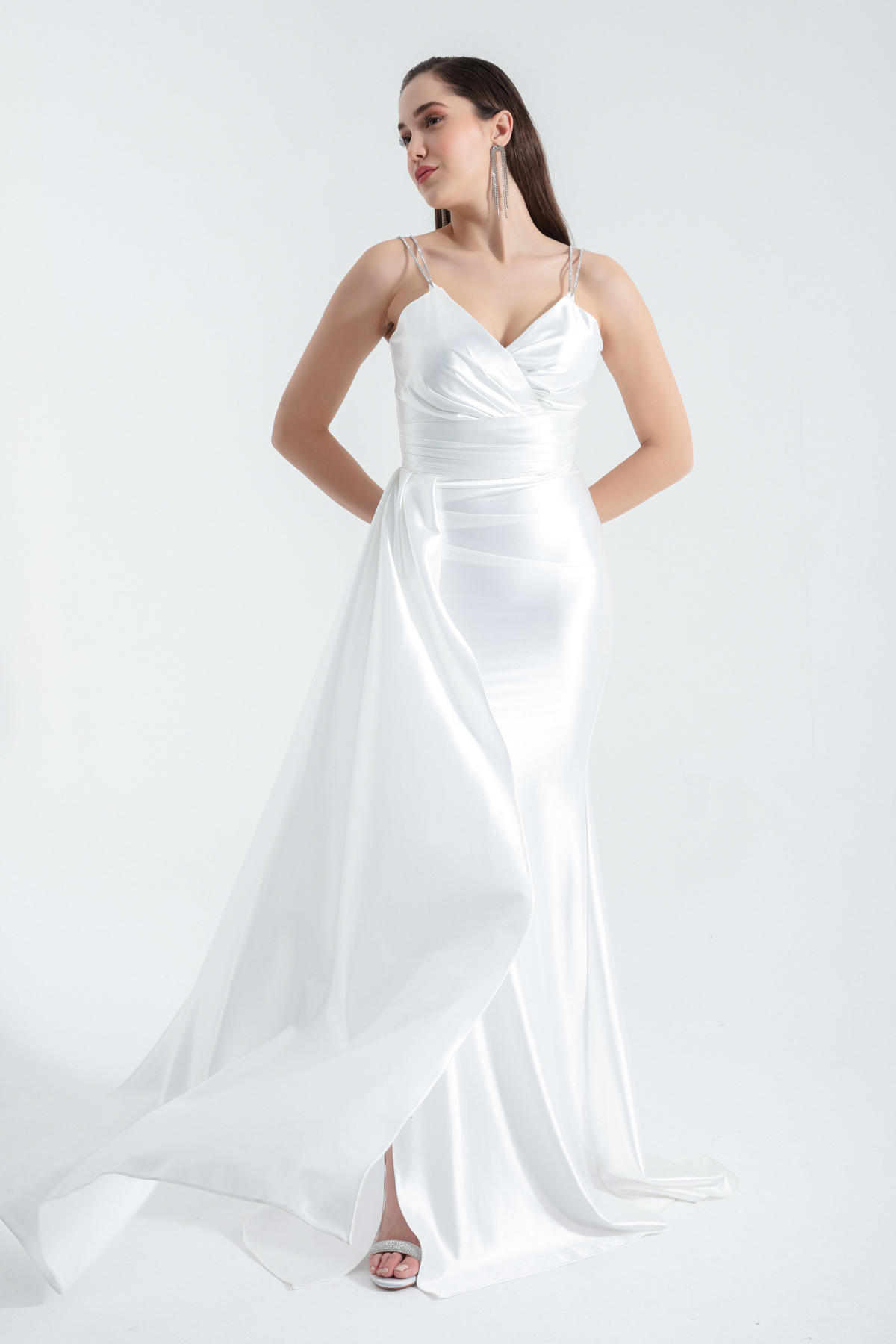 Lafaba Women's White Stone Strap Tail Long Evening Dress