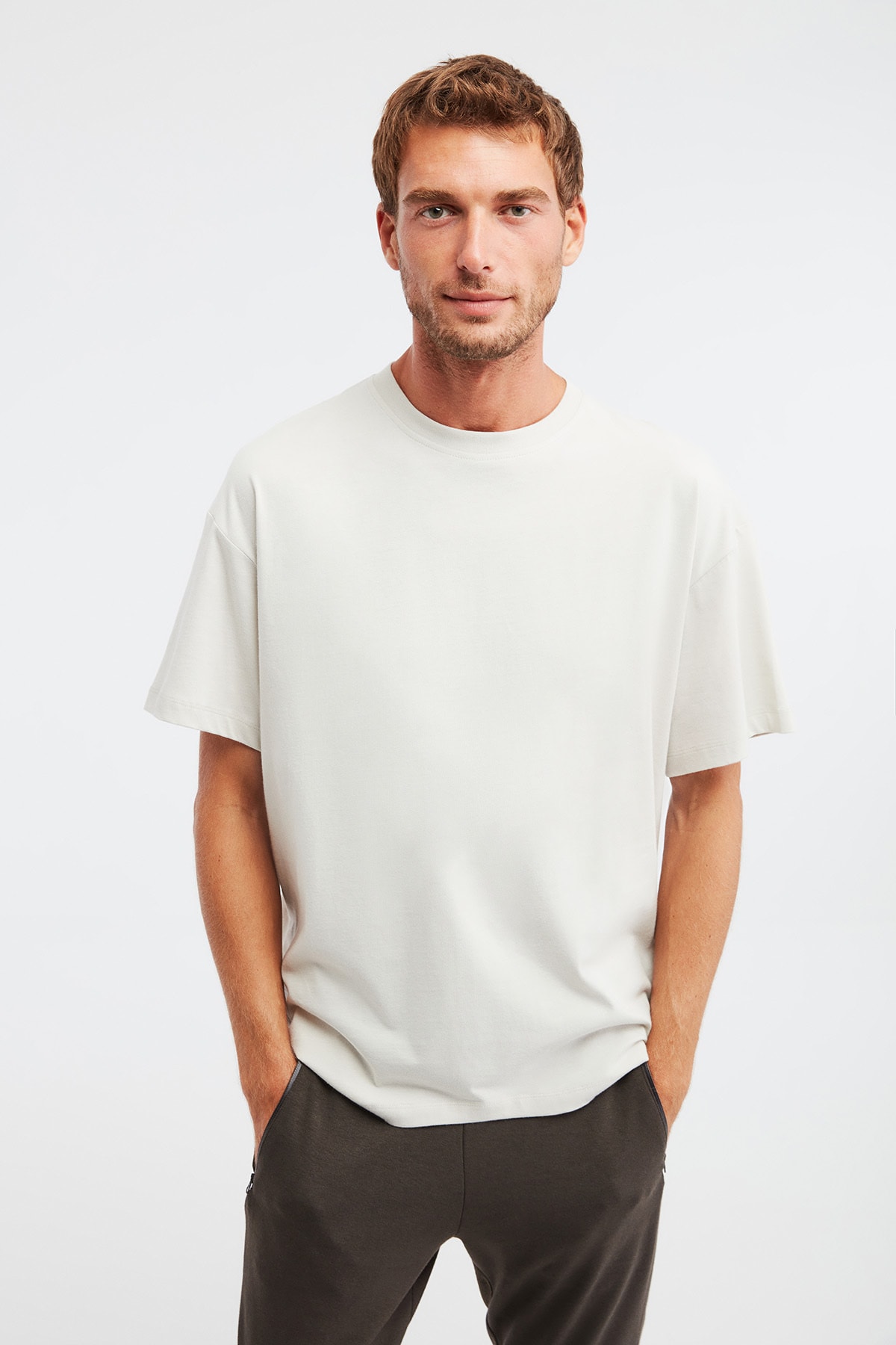Levně GRIMELANGE Jett Men's Oversize Fit 100% Cotton Thick Textured Stone Color T-shirt