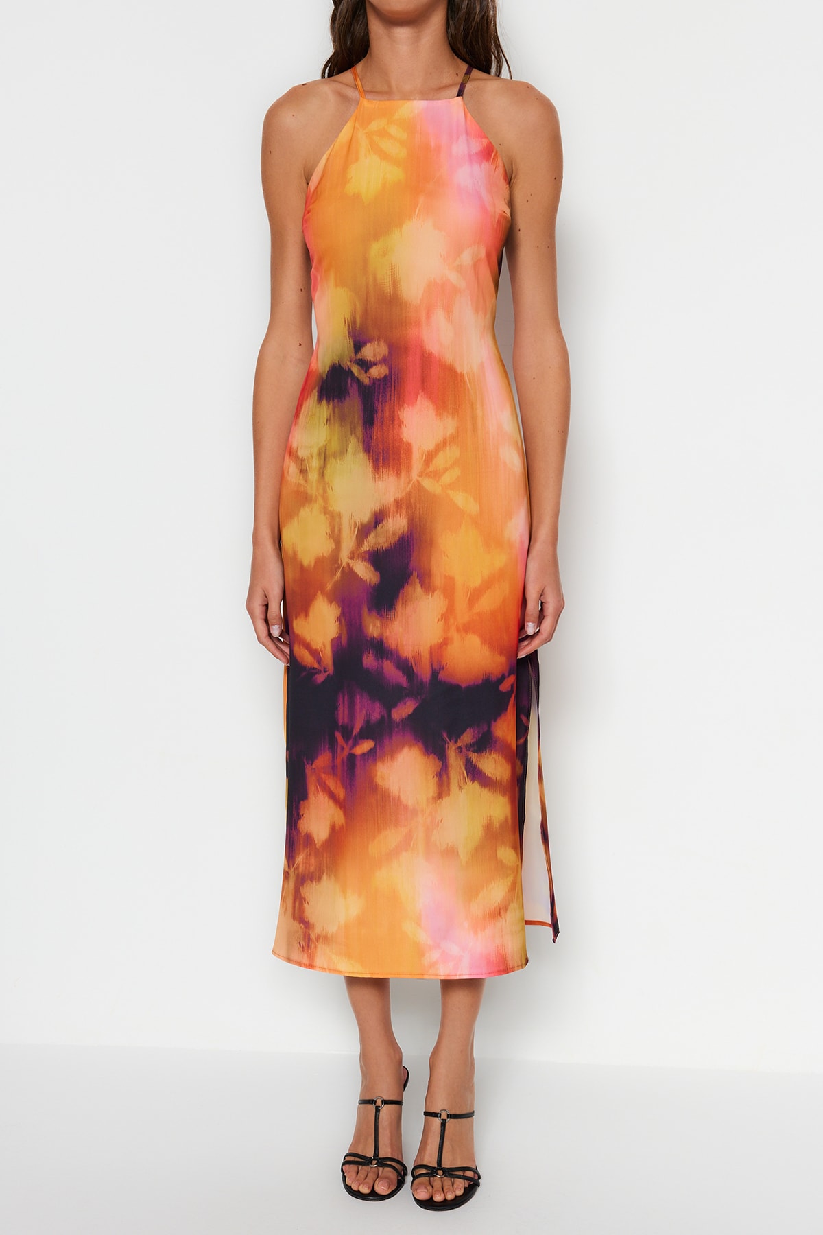 Trendyol Orange Floral Print Straight Cut Halter Neck Midi Satin Lined Woven Dress