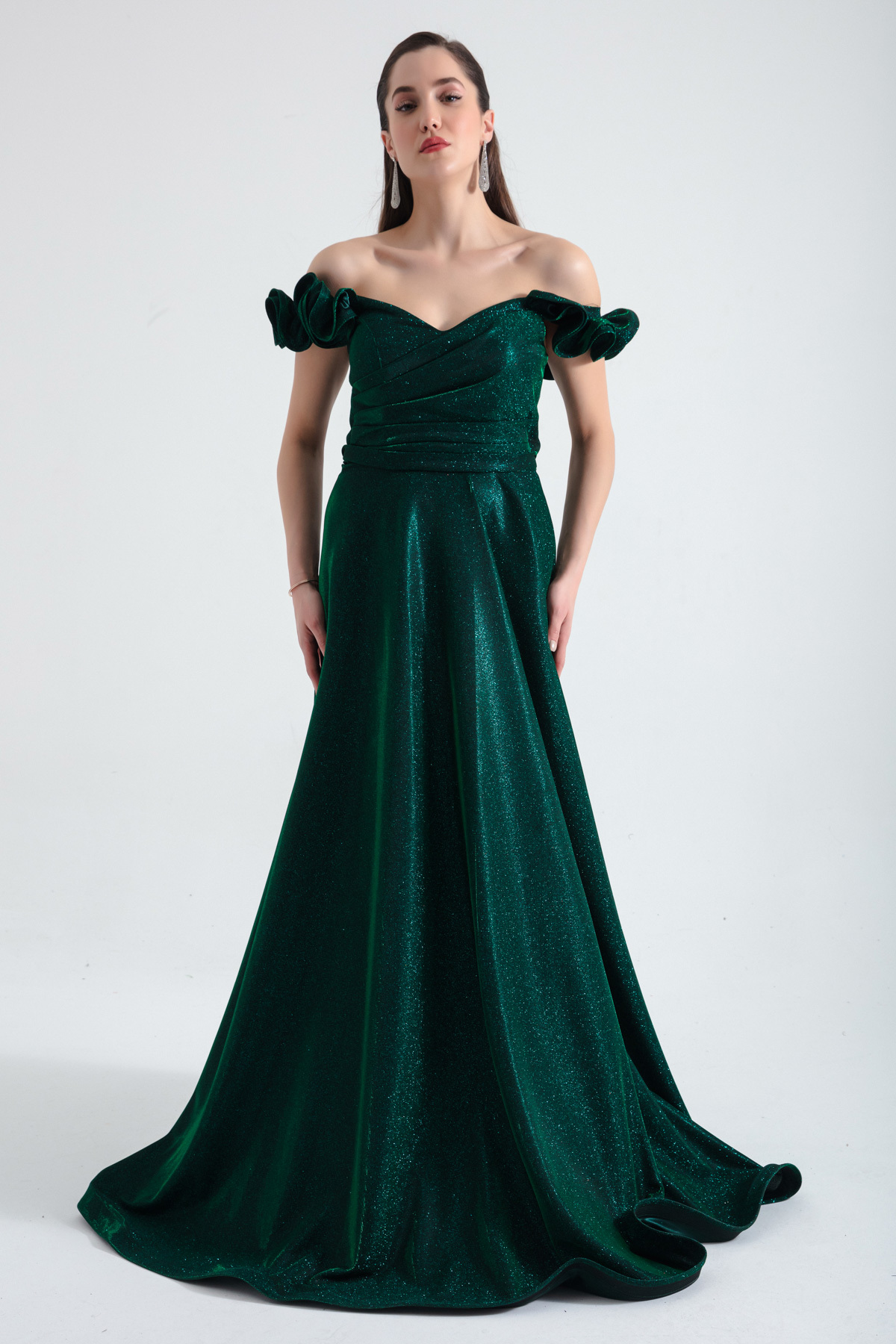 Levně Lafaba Women's Emerald Green Silvery Silvery Long Evening Dress With Frilly Sleeves