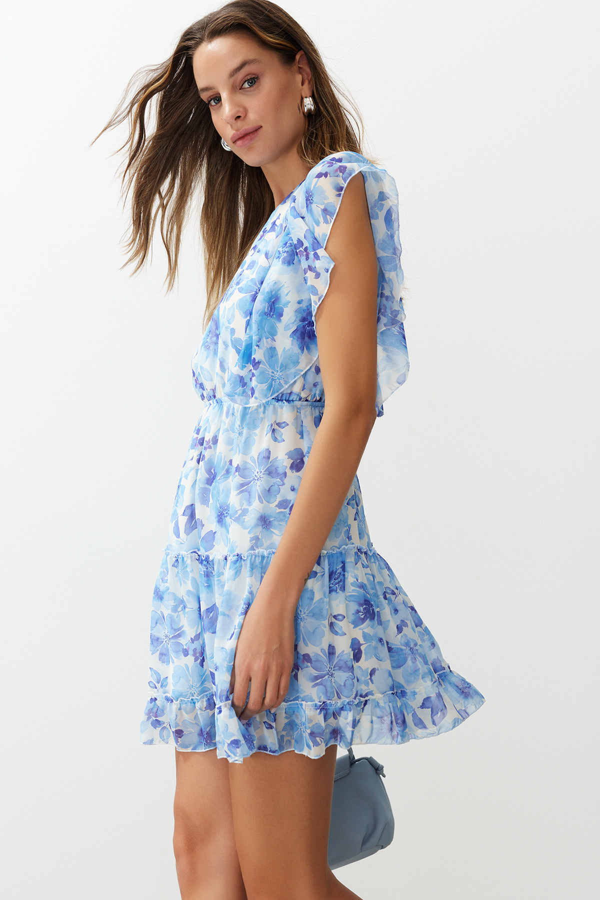 Trendyol Blue Floral Waist Opening Ruffle Mini Woven Dress