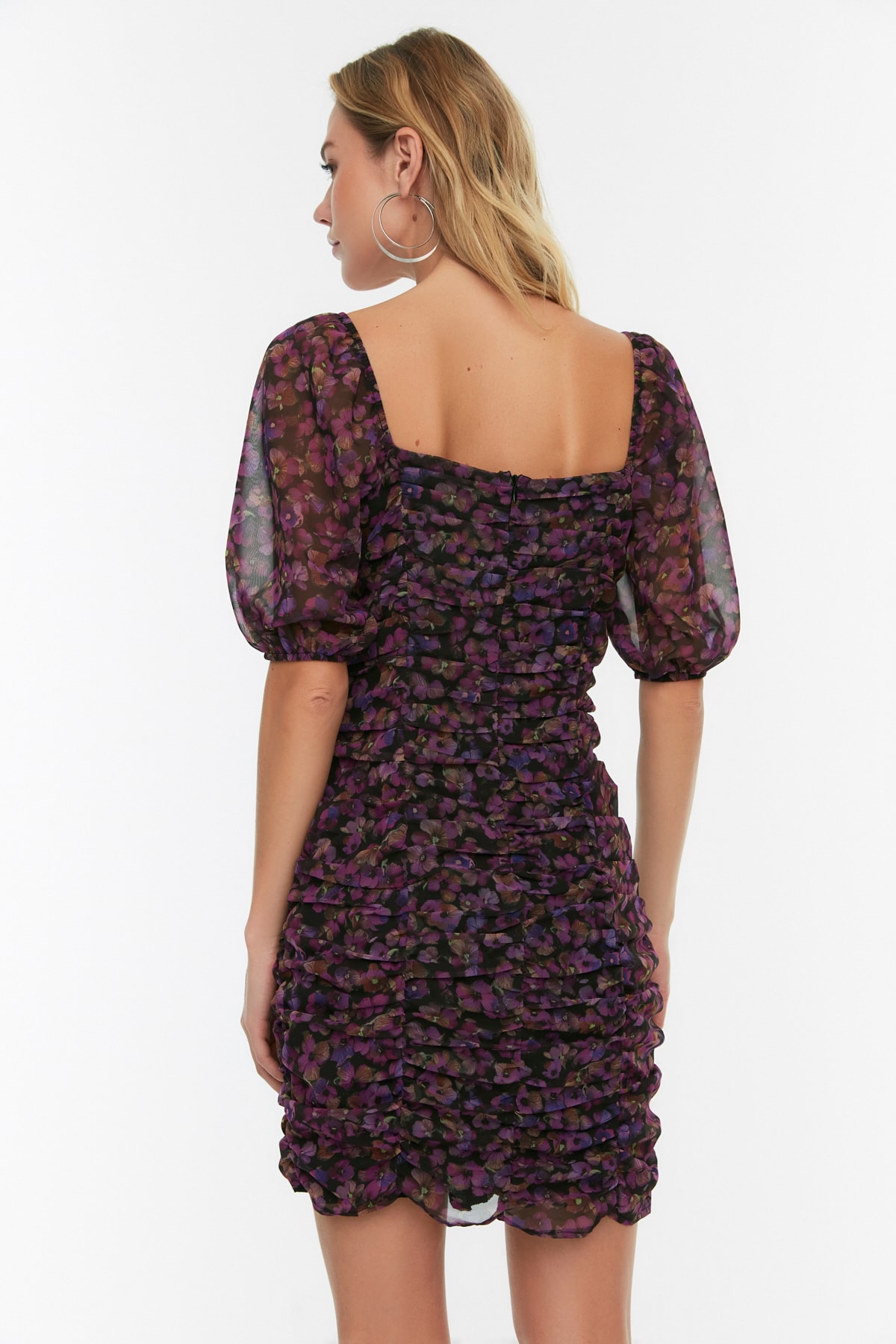 Trendyol negru țesut căptușit sifon drapat detaliu floral model mini rochie țesută