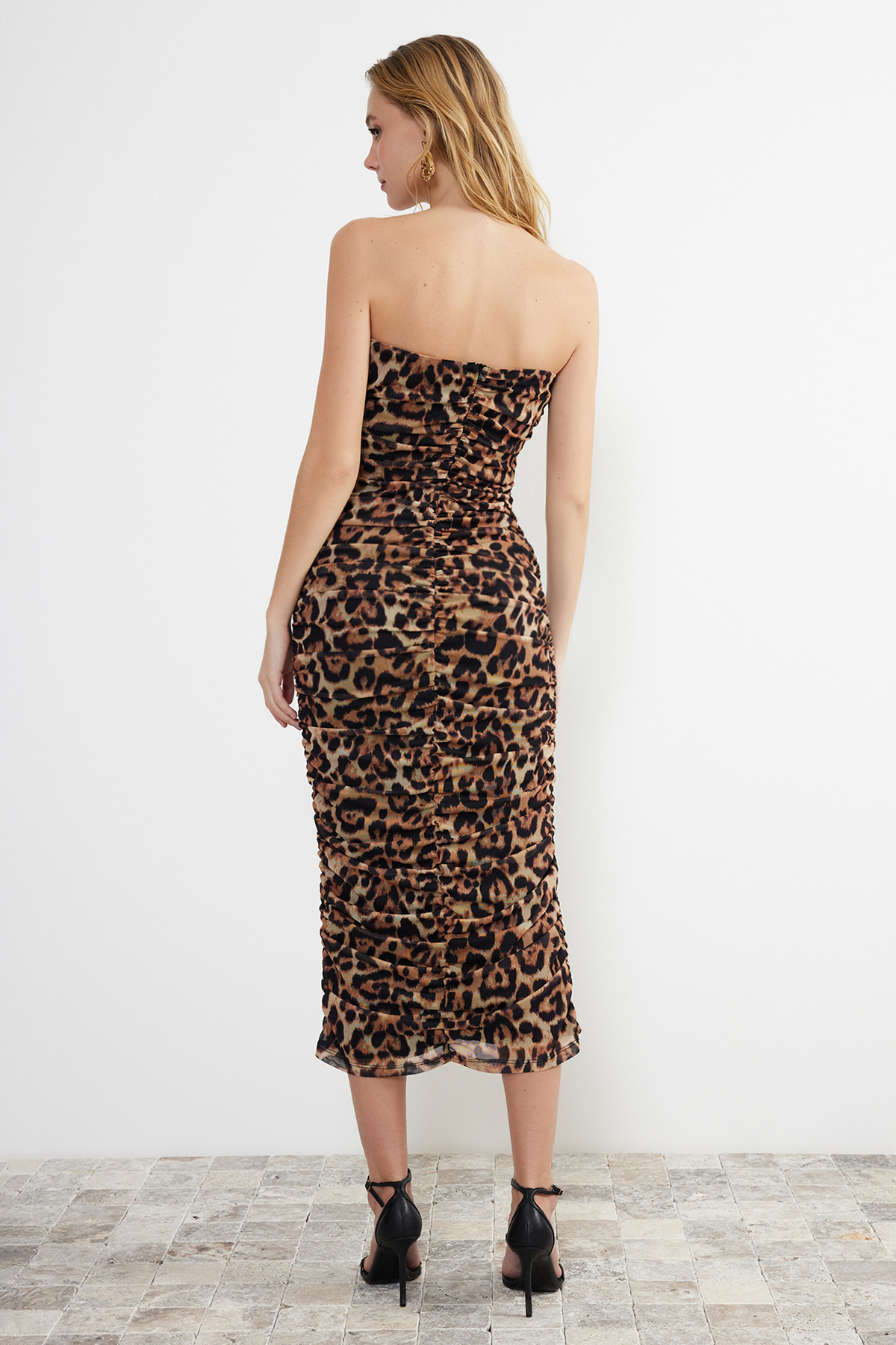 Trendyol Multicolored Fitted Leopard Patterned Draped Knitted Tulle Elegant Evening Dress