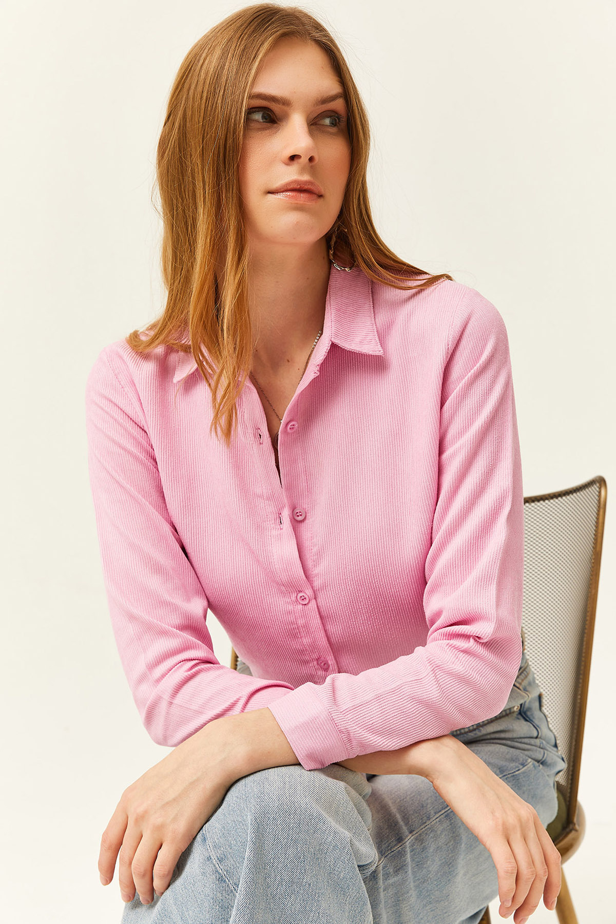 Levně Olalook Women's Candy Pink Slim Ribbed Velvet Shirt