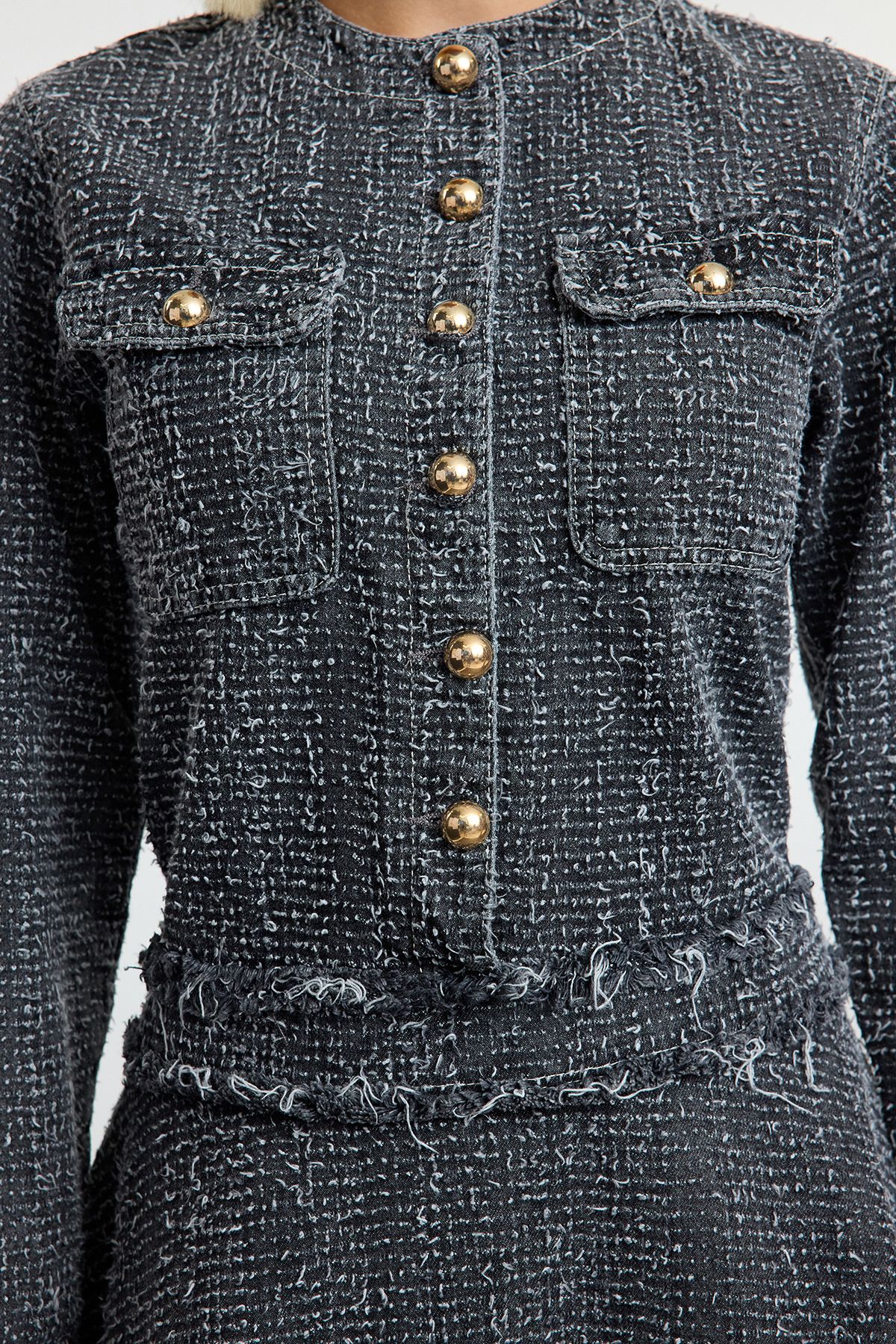 Trendyol Gray Textured Flounce Skirt Mini Denim Dress