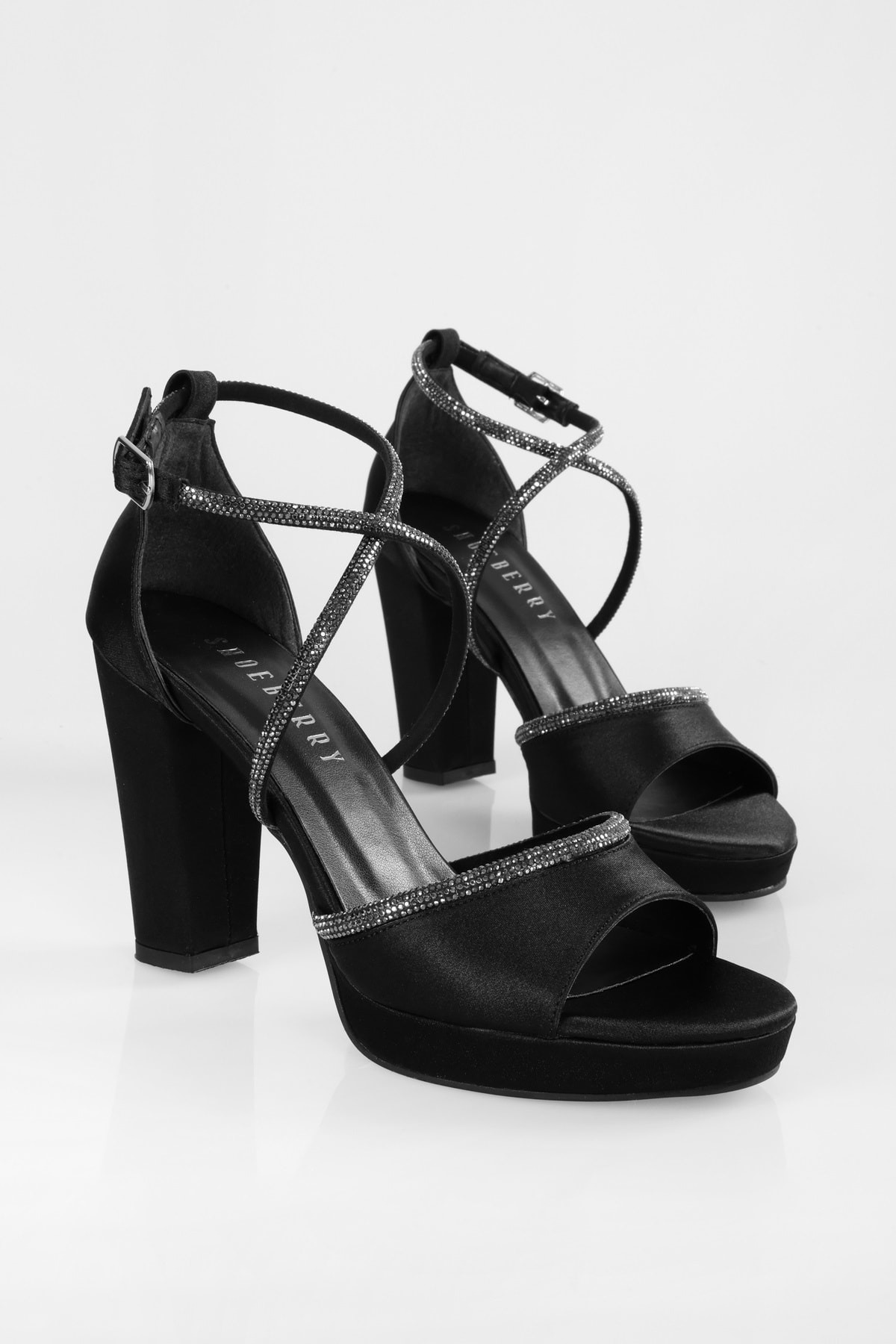 Levně Shoeberry Women's Jayne Black Satin Stone Platform Heel Shoes
