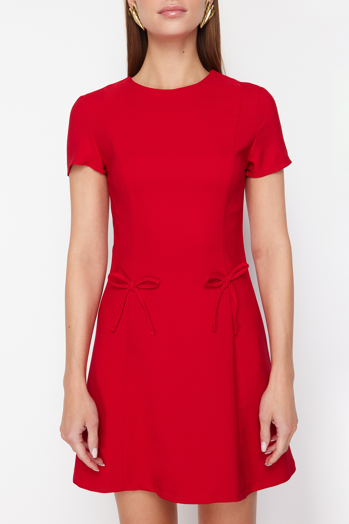 Trendyol Red Skirt Waist Opening Bow Detail Mini Woven Dress