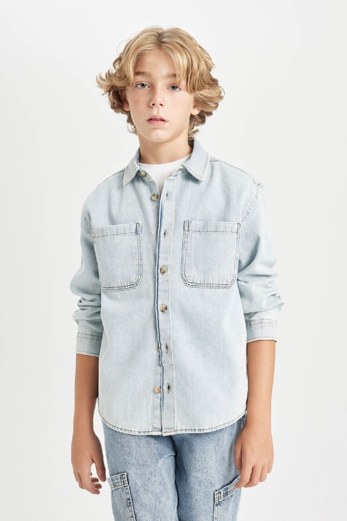 DEFACTO Boy Oversize Fit Polo Collar Jean Long Sleeve Shirt