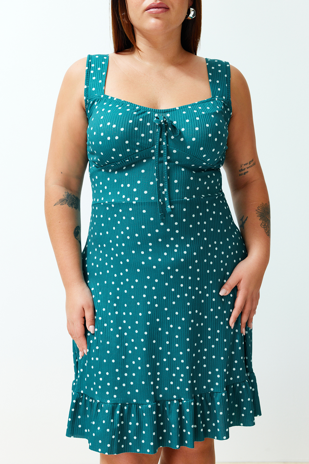 Trendyol Curve Oil Polka Dot Patterned Bow Collar Flounce A-Line Mini Summer Knitted Dress