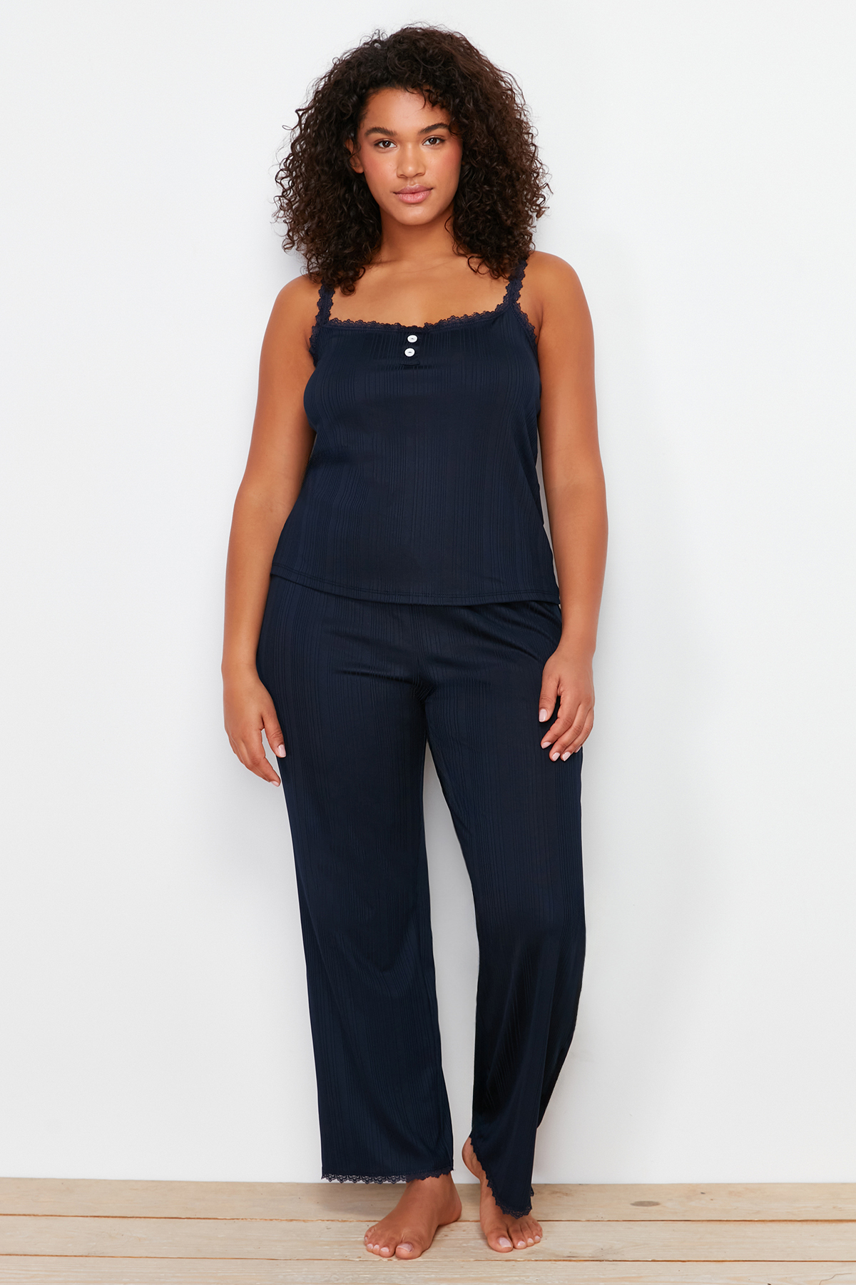 Trendyol Curve Navy Blue Corded Strappy Knitted Pajamas Set