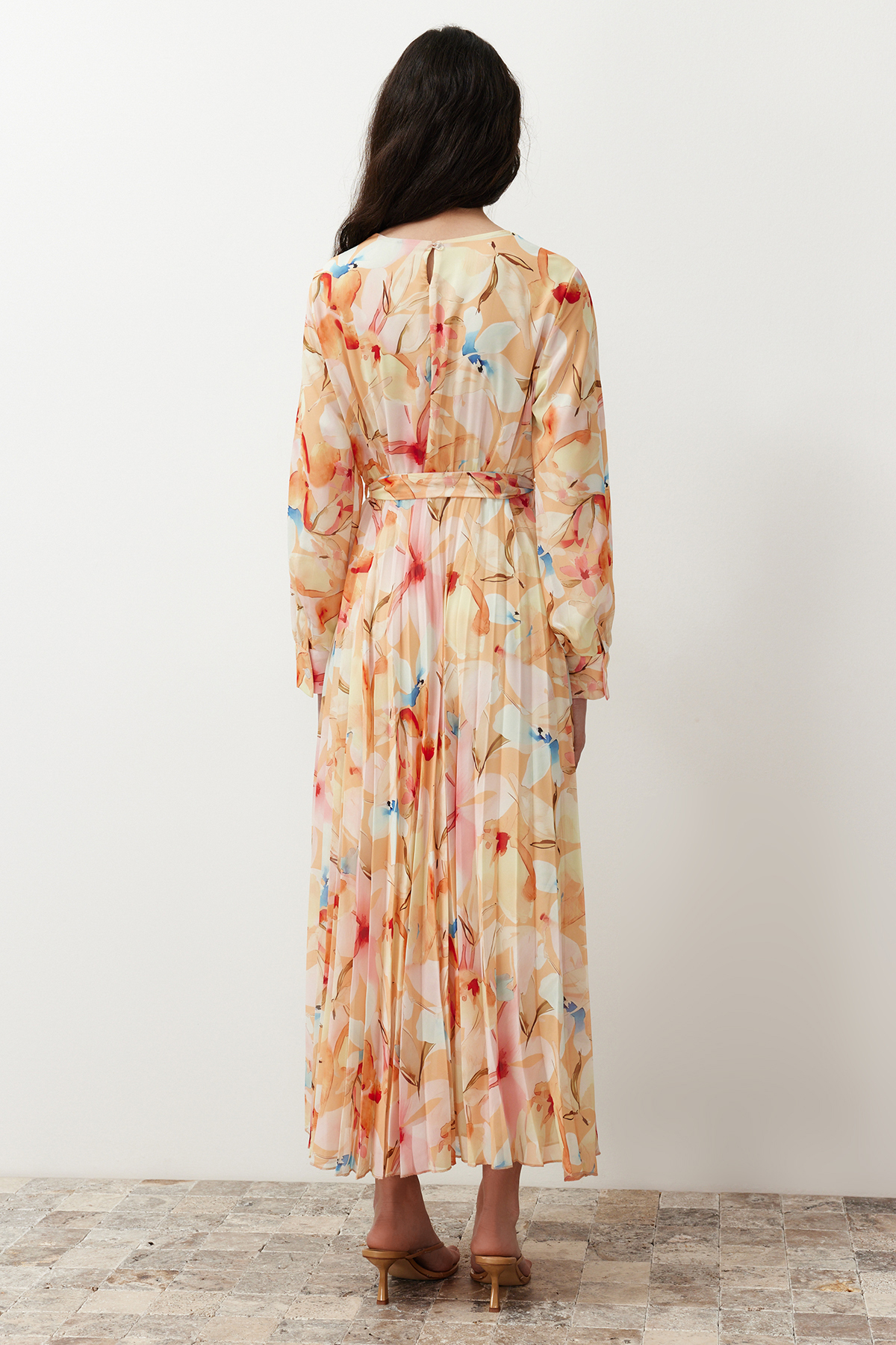 Trendyol Multi Color Floral Sash Detailed Lined Pleated Chiffon Woven Dress