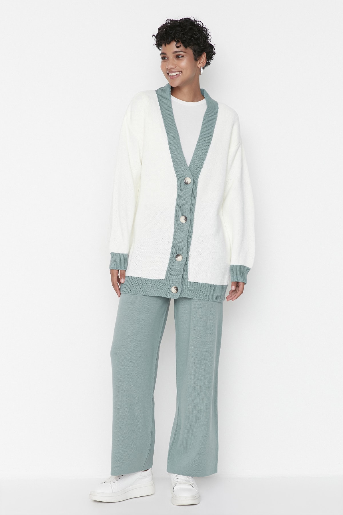 Trendyol Green Stripe Detailed Cardigan-Pants Knitwear Set