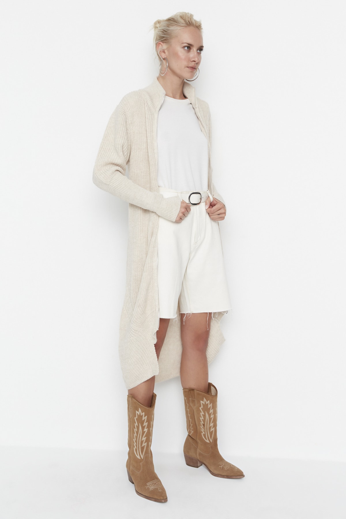 Trendyol Beige Zipper Detailed Knitwear Cardigan