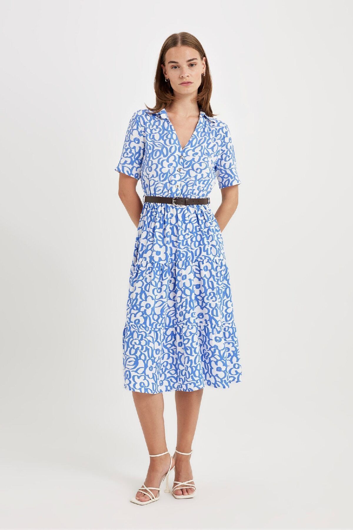 DEFACTO Shirt Collar Printed Short Sleeve Maxi Dress