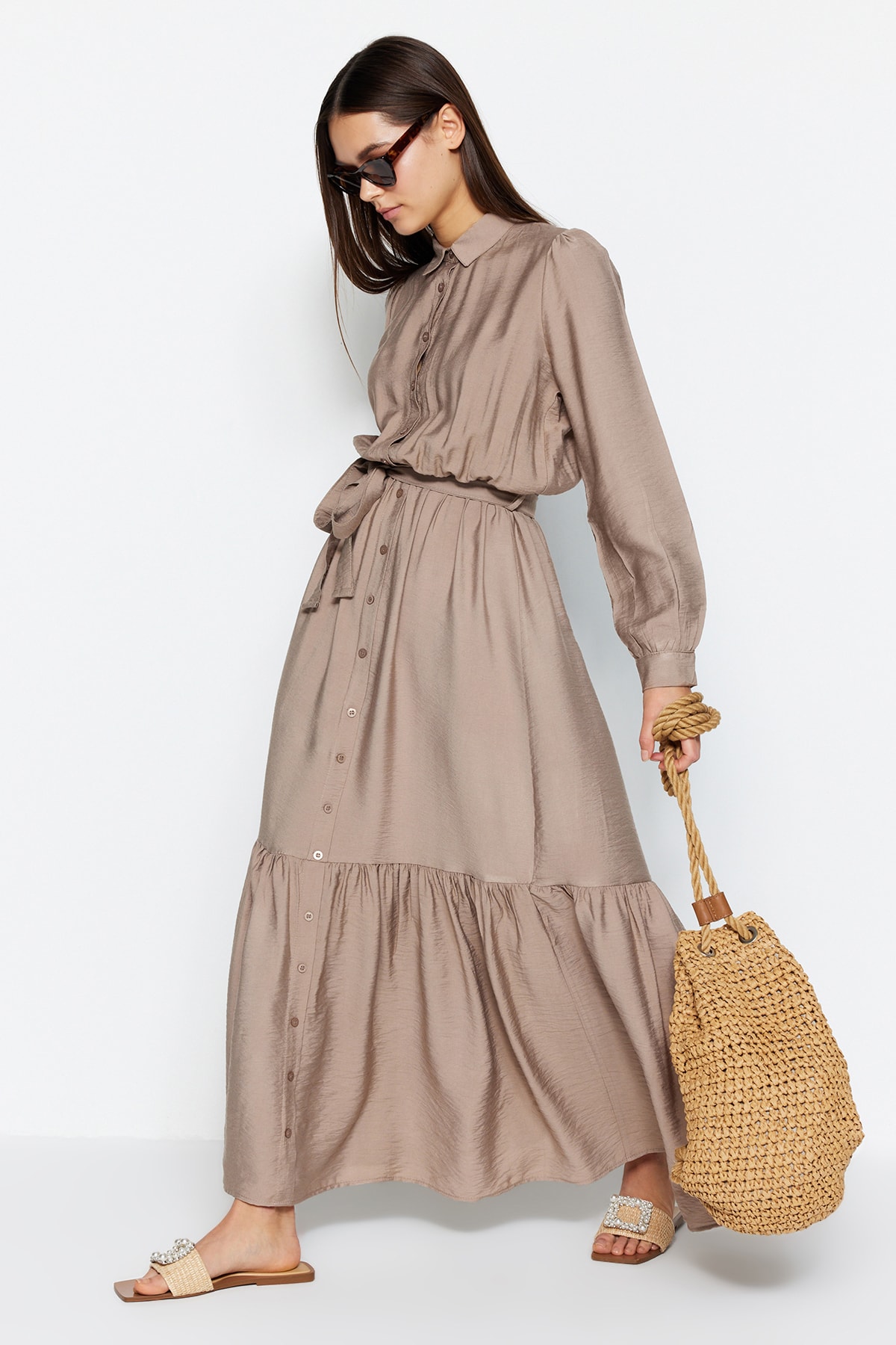 Trendyol Mink Belted Shoulder Detailed Flounce Skirt Buttoned Woven Shirt Dress