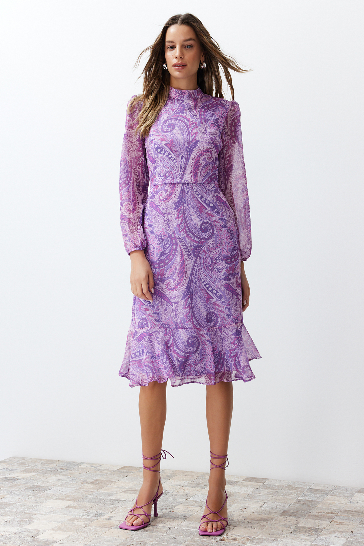 Trendyol Lilac Shawl Patterned Lined Flounced Chiffon Midi Woven Dress