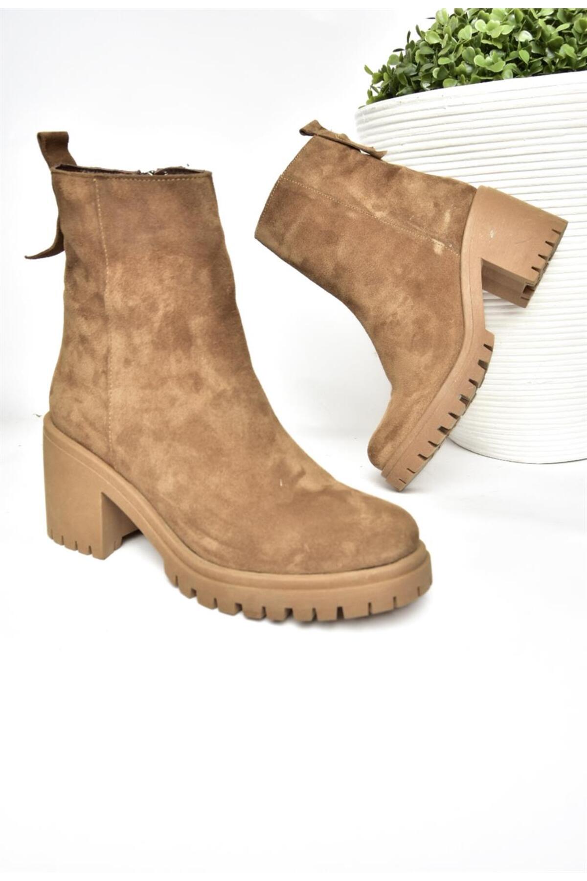 Levně Fox Shoes R654006502 Tan Genuine Leather and Suede Women's Boots with Thick Heels