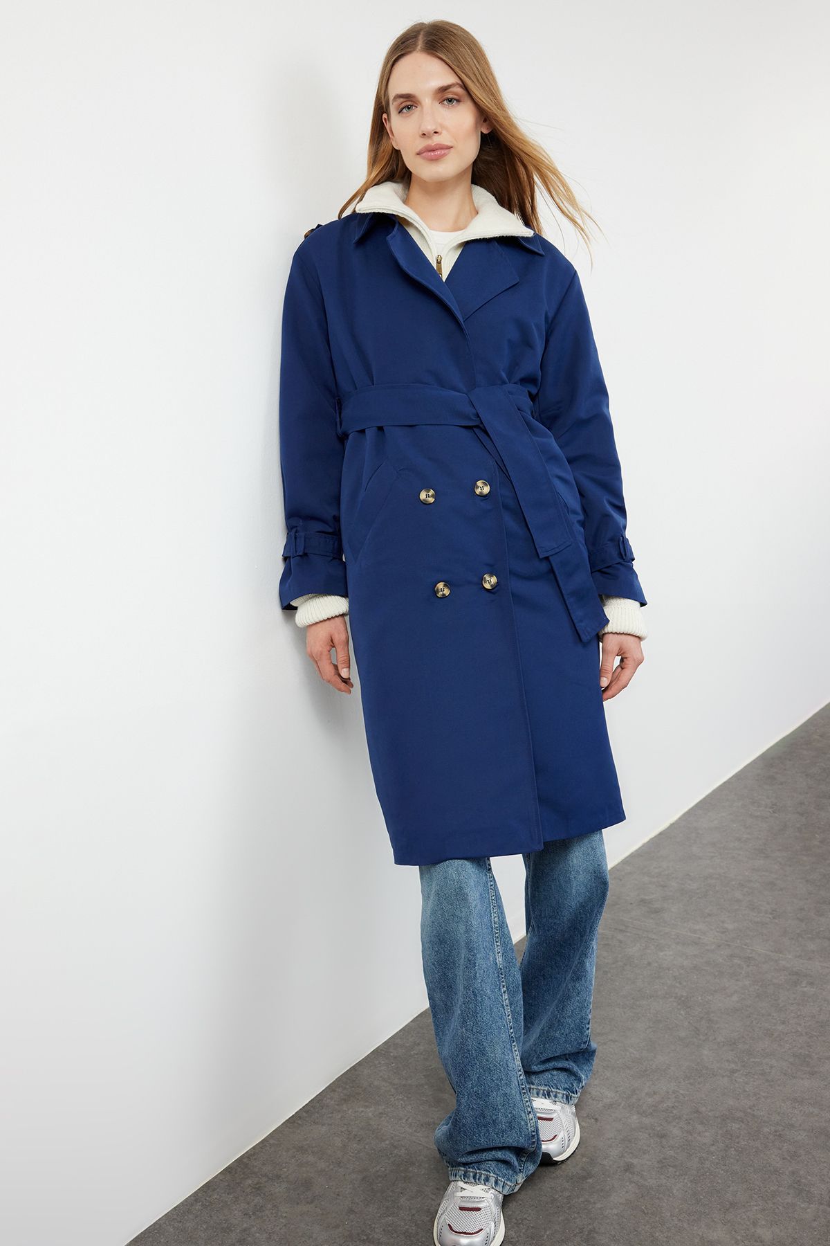 Trendyol Dark Navy Blue Oversize Belted Trench Coat
