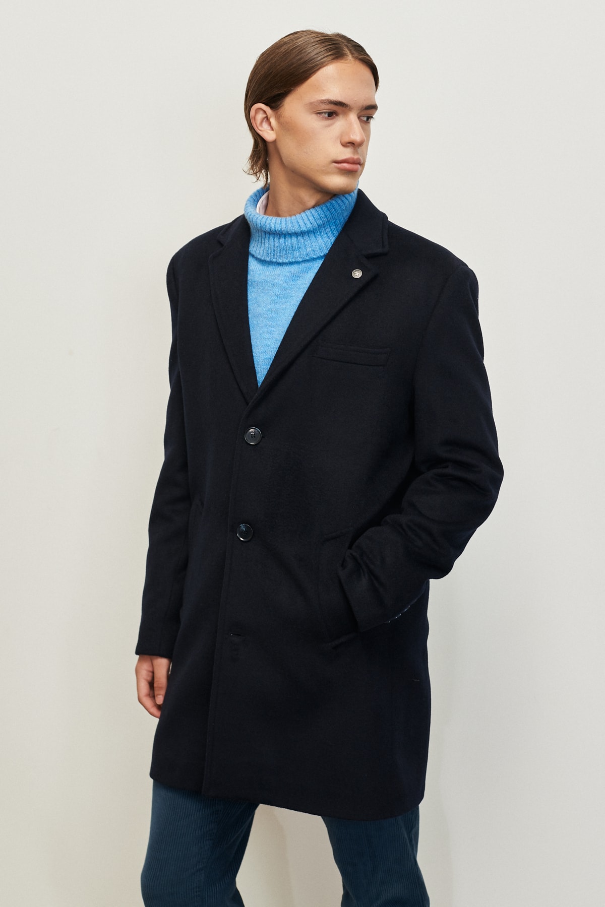 Levně ALTINYILDIZ CLASSICS Men's Navy Blue Standard Fit Normal Cut Monocollar Woolen Overcoat.