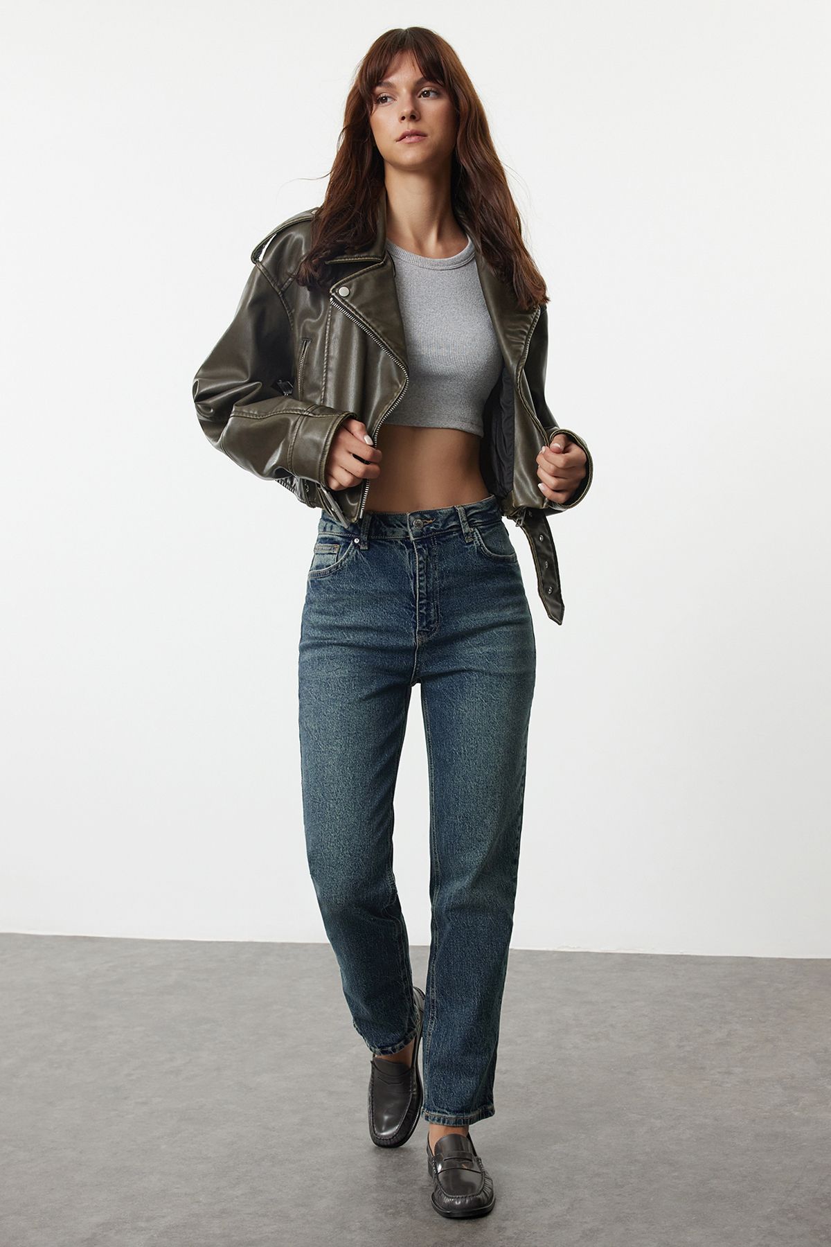 Trendyol Dark Blue High Waist Straight Jeans
