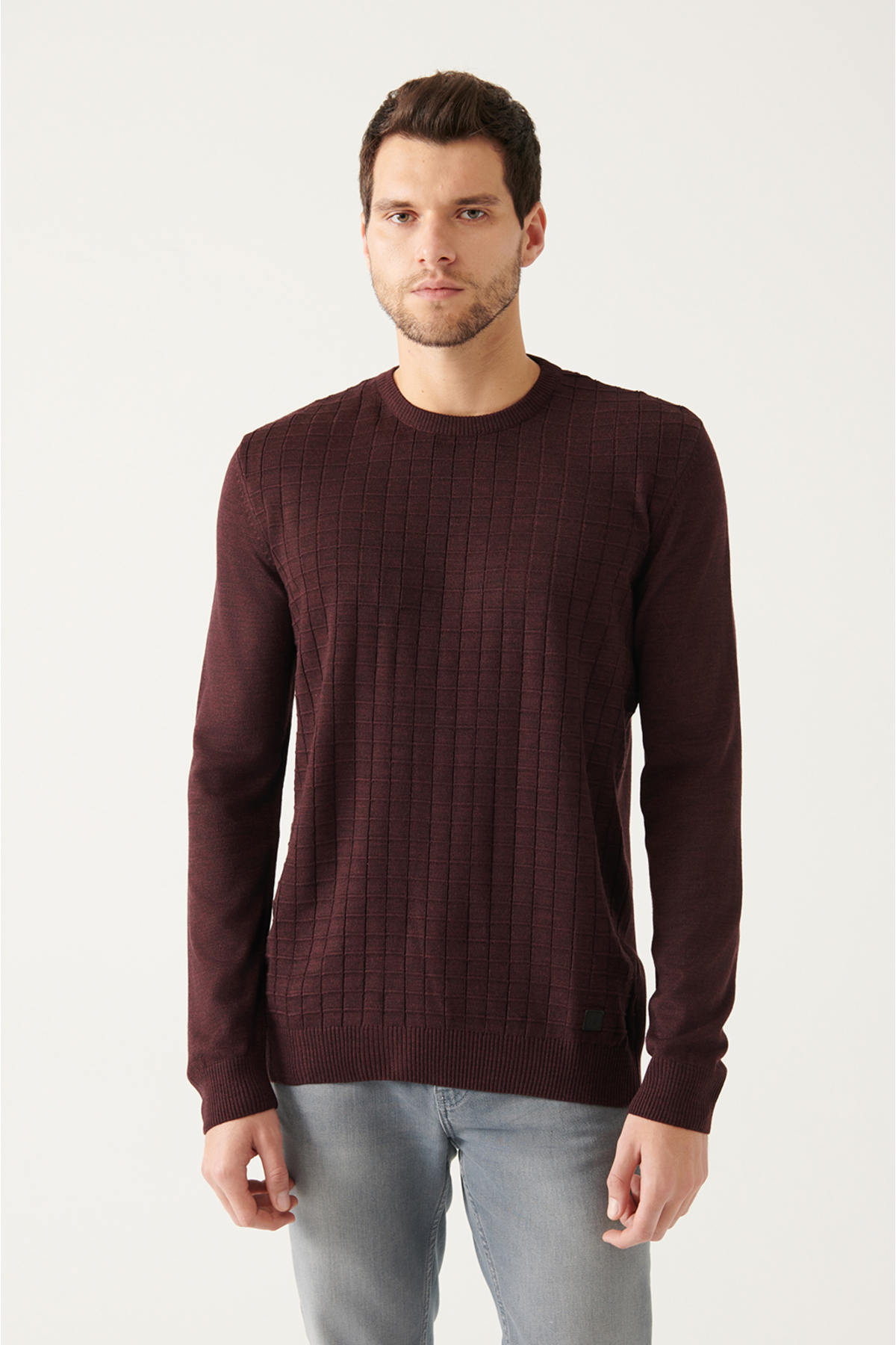 Levně Avva Men's Burgundy Crew Neck Front Textured Standard Fit Normal Cut Knitwear Sweater