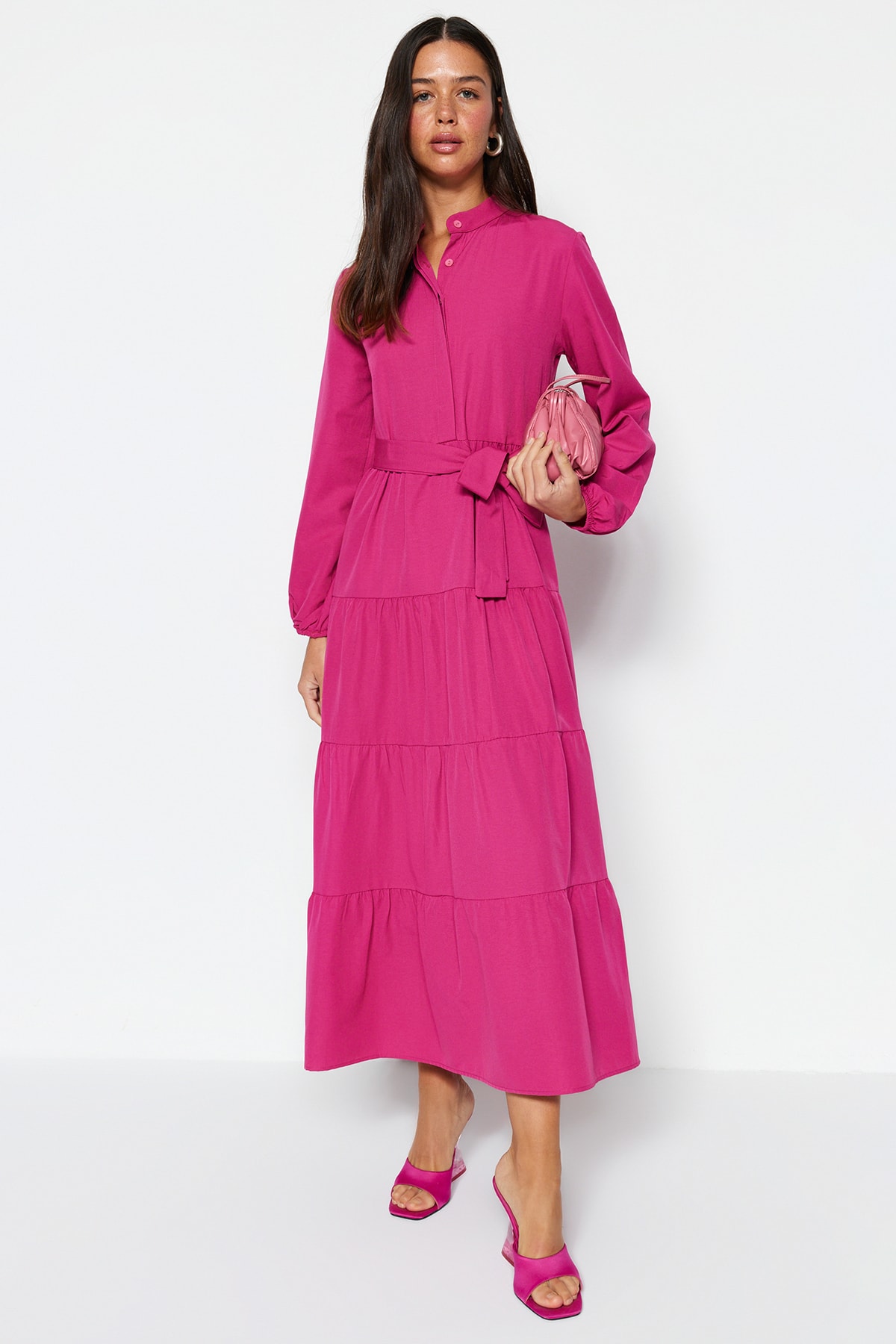 Trendyol Dark Pink Woven Dress with a Belt and Grand Collar Button Detail