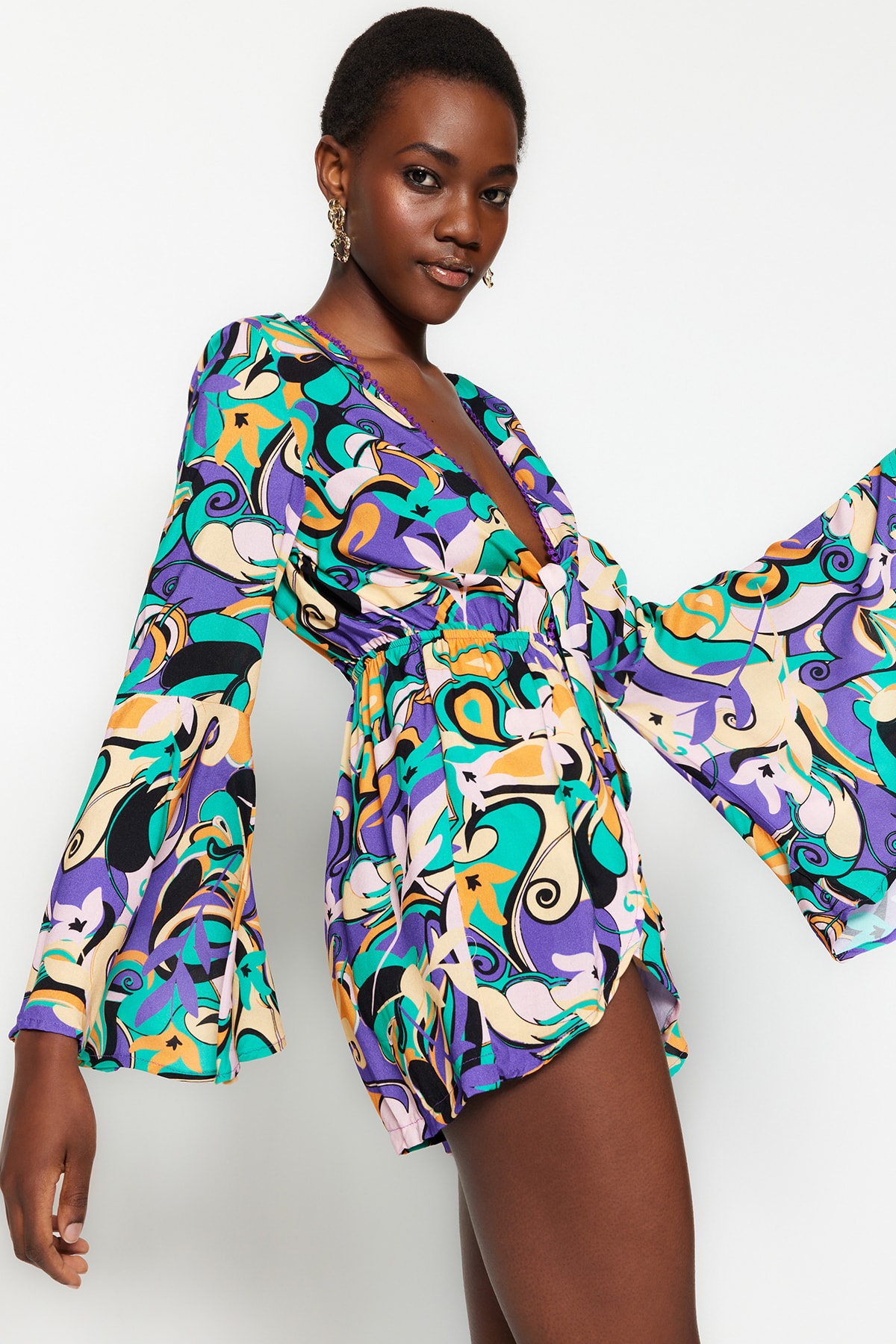 Trendyol Abstract Pattern Woven Stripe Accessorized Blouse, Short Set