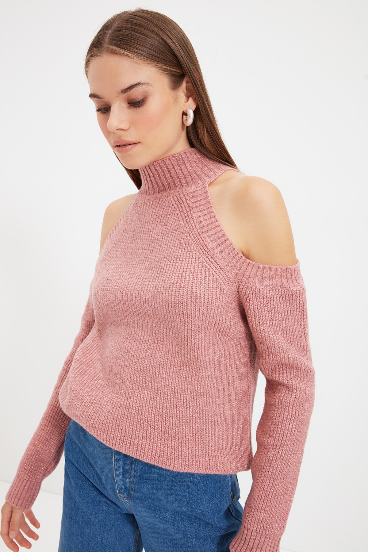 Trendyol Dried Rose Glittery Window/Cut Out Detailed Knitwear Sweater