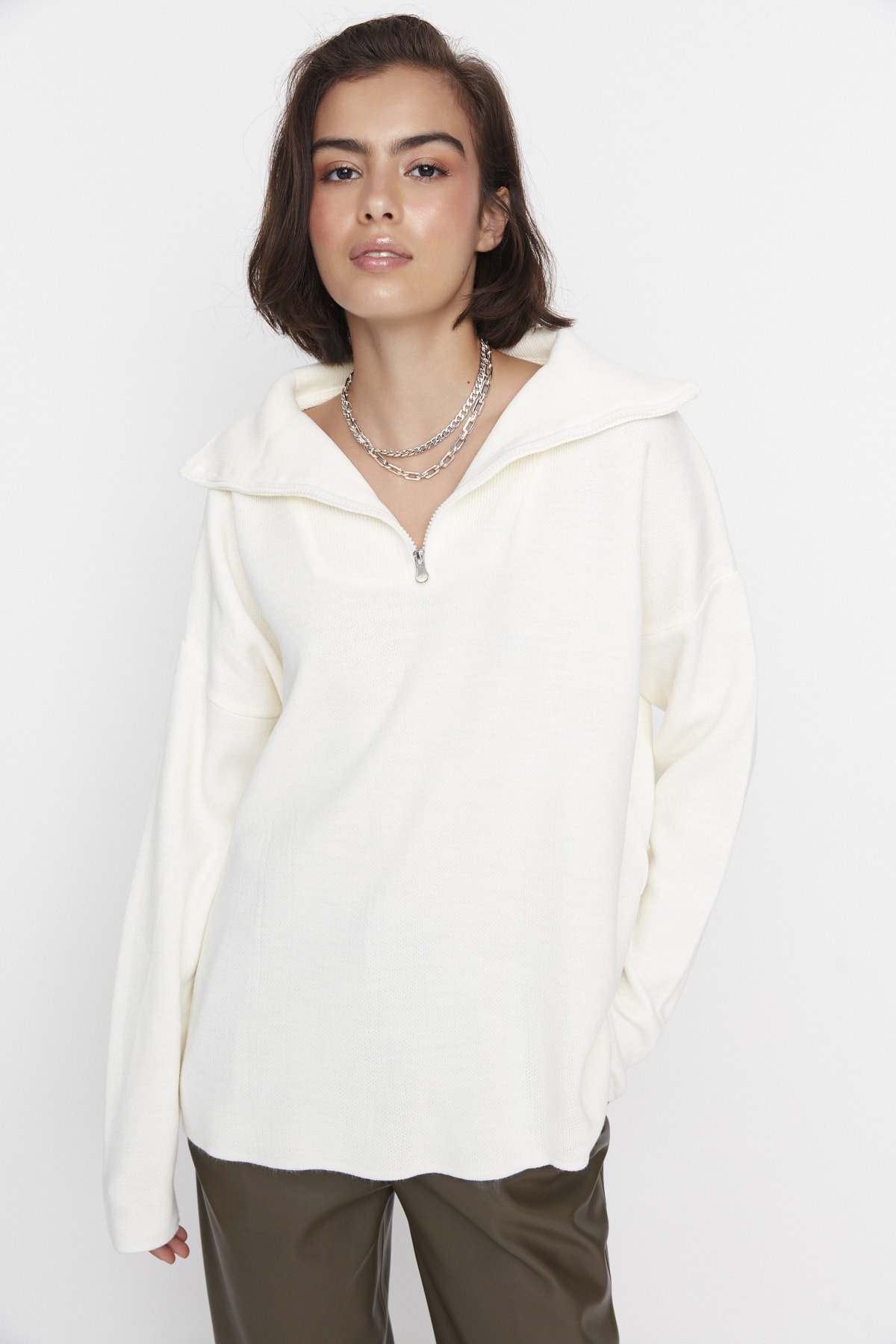 Trendyol Wide Fit Ecru, Zippered Basic Knitwear Sweater