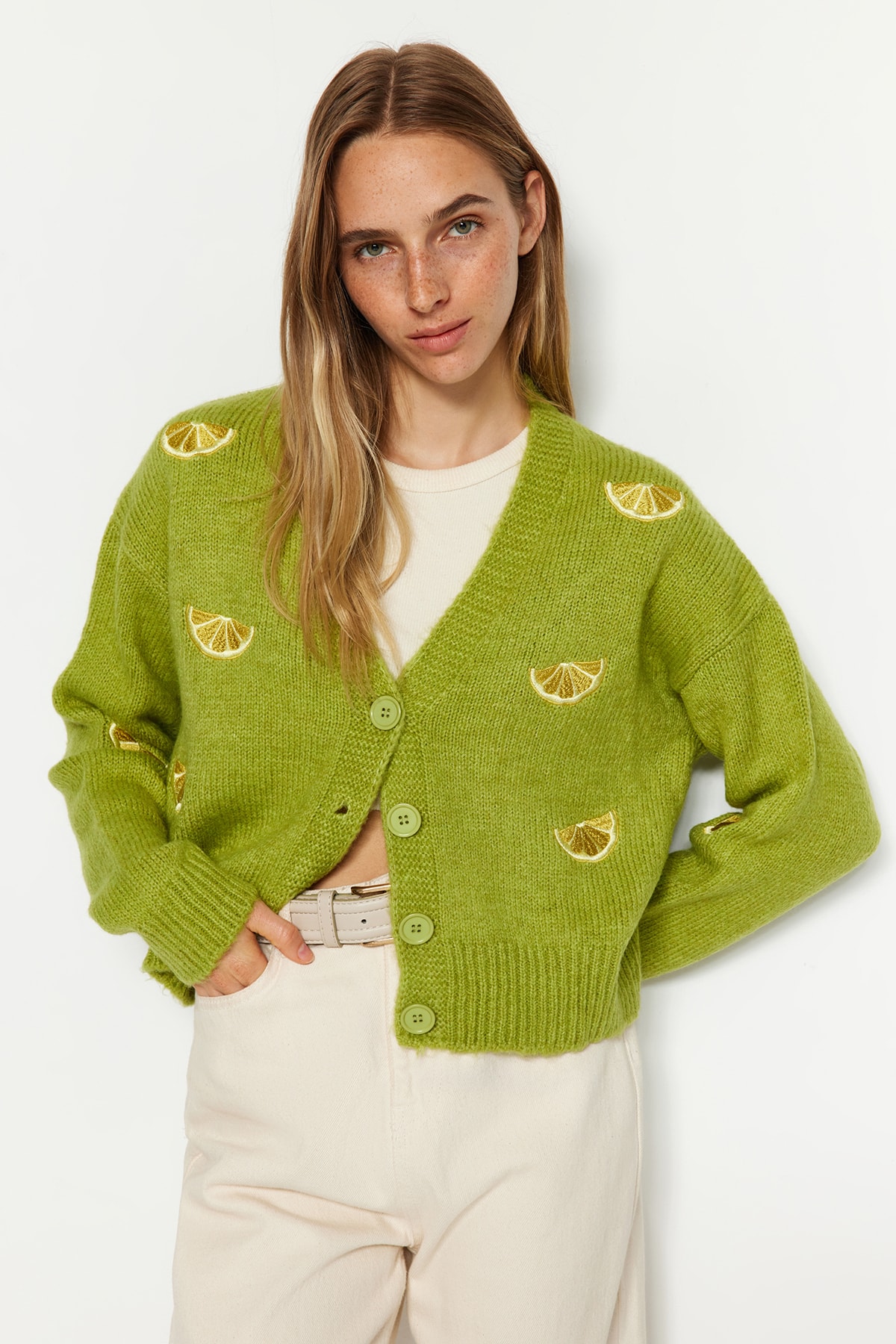 Trendyol Green Crop Soft Textured Embroidery Detailed V-Neck Knitwear Cardigan