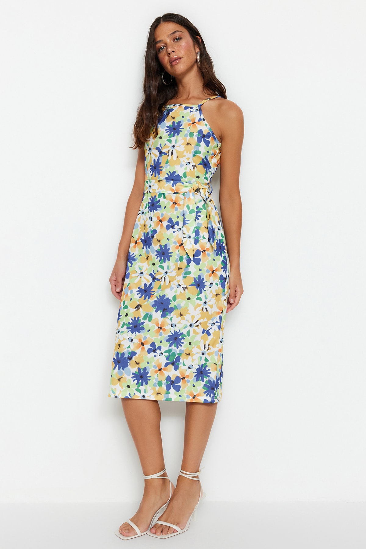 Trendyol Green Floral Print Halter Neck Belted Crepe Midi Knitted Dress