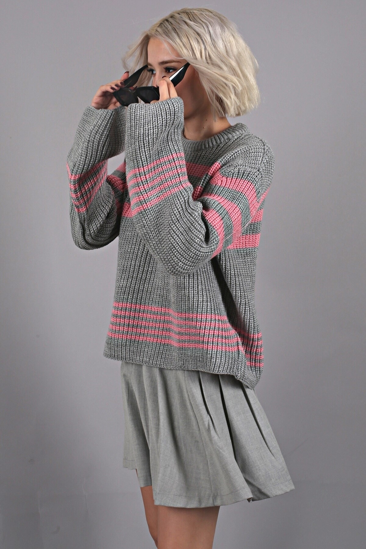 Levně Madmext Gray Striped Knitwear Sweater
