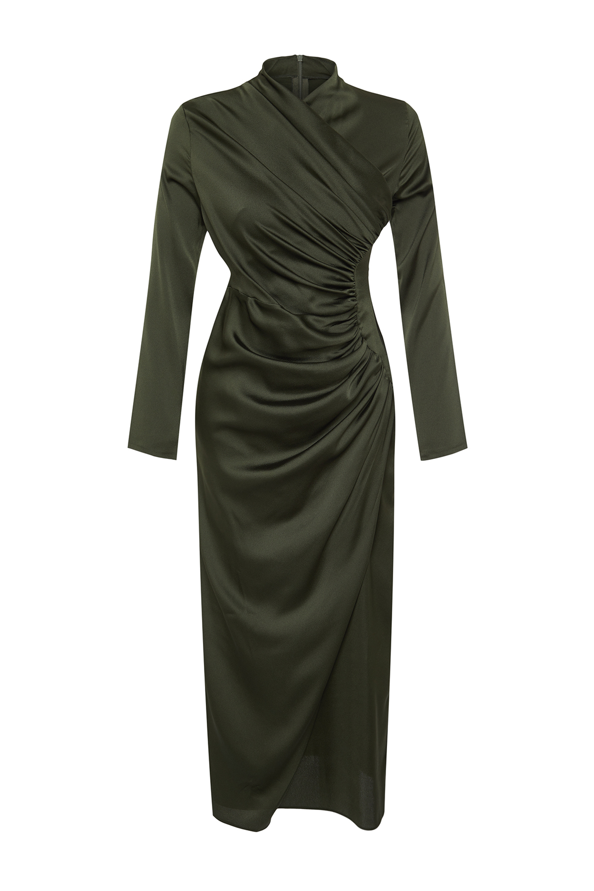 Trendyol Khaki Ruffle Detailed Woven Satin Evening Dress
