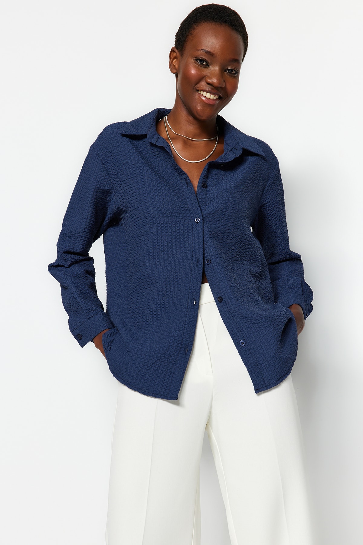Levně Trendyol Navy Blue Oversize/Wide Cut Woven Shirt