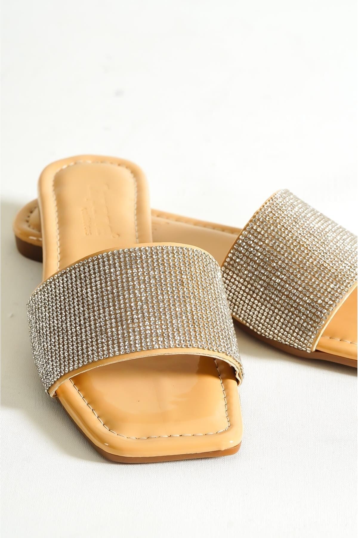 Capone Outfitters With Capone Stones, Single Strap, Flat Heel, Quilted Nude Women's Slippers.