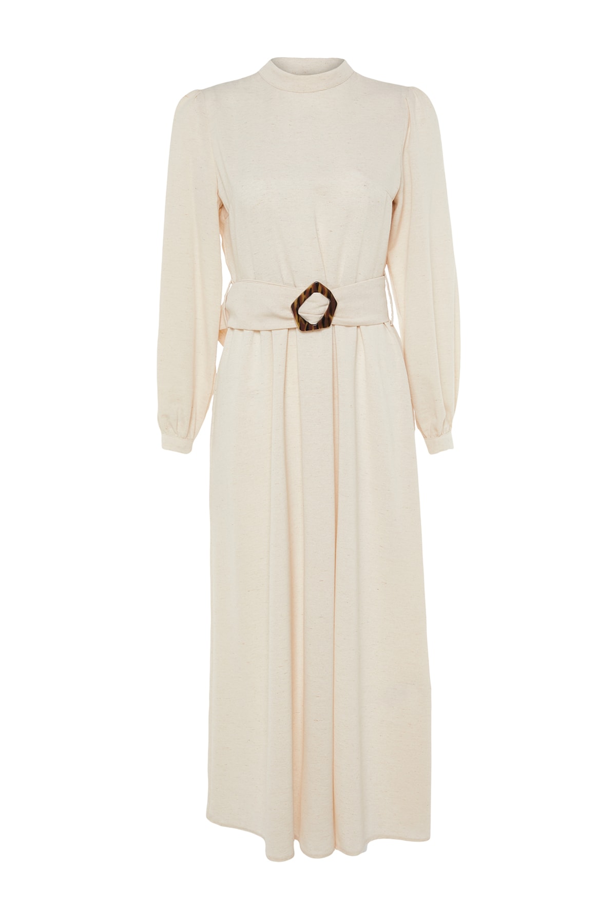 Trendyol Ecru Belted High Neck Linen Look Woven Dress