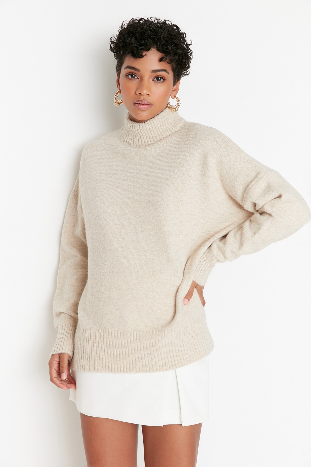 Trendyol Stone Wide Pattern Soft Textured High Collar Knitwear Sweater