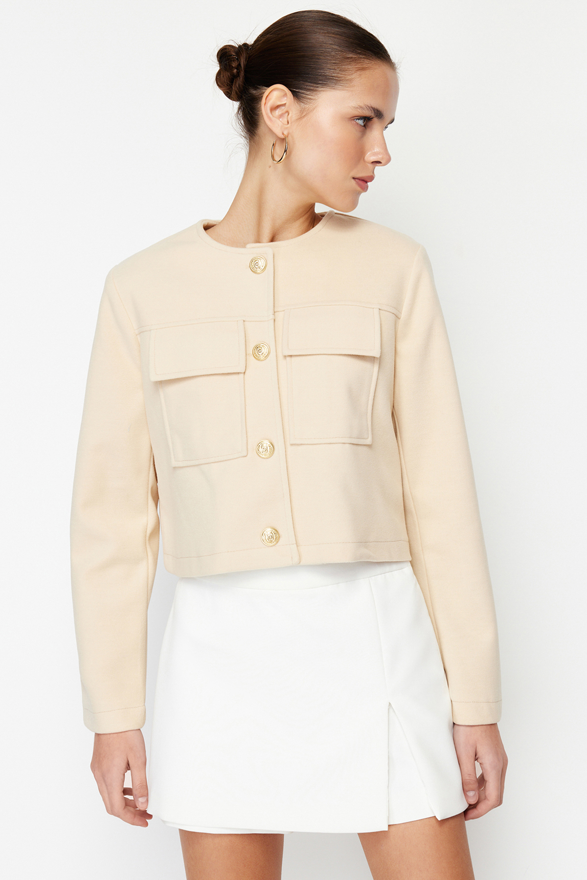 Trendyol Mink Gold Button Detailní razítkovaný kabát na bundu