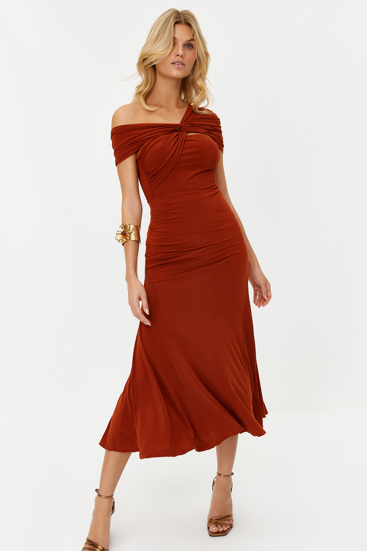 Trendyol Tile Asymmetrical Collar Knitted Stylish Evening Dress