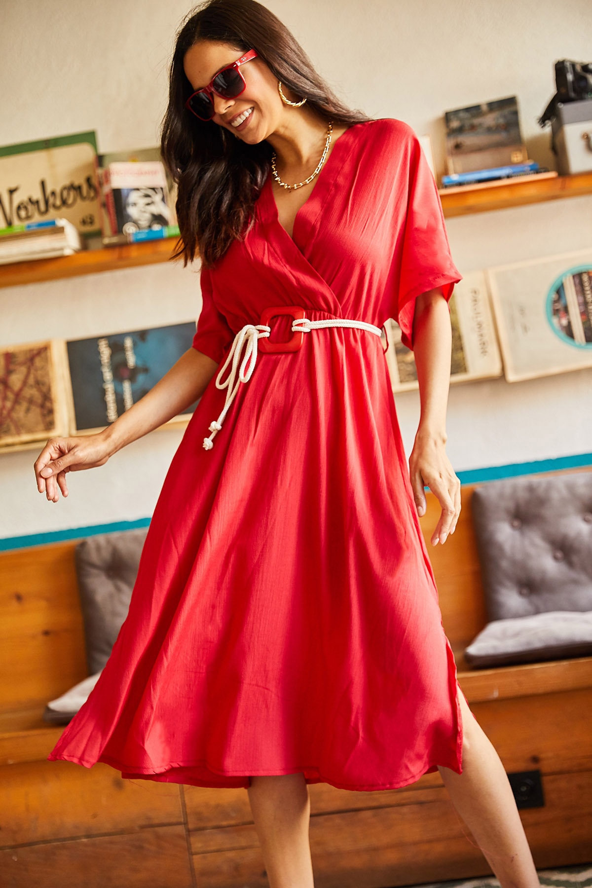 olalook-women-s-red-double-breasted-woven-dress-with-slits-in-the-sides