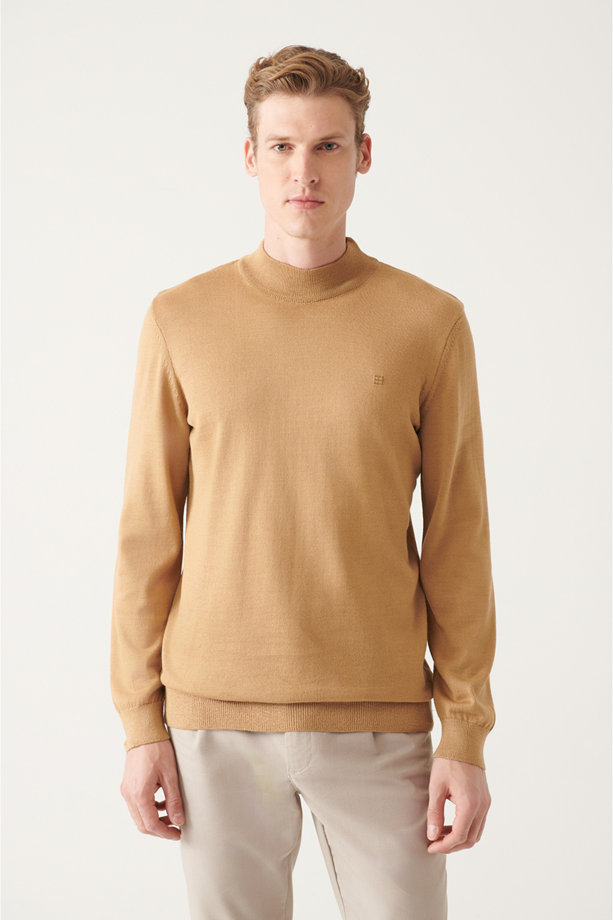 Levně Avva Men's Beige Half Turtleneck Wool Blended Regular Fit Knitwear Sweater